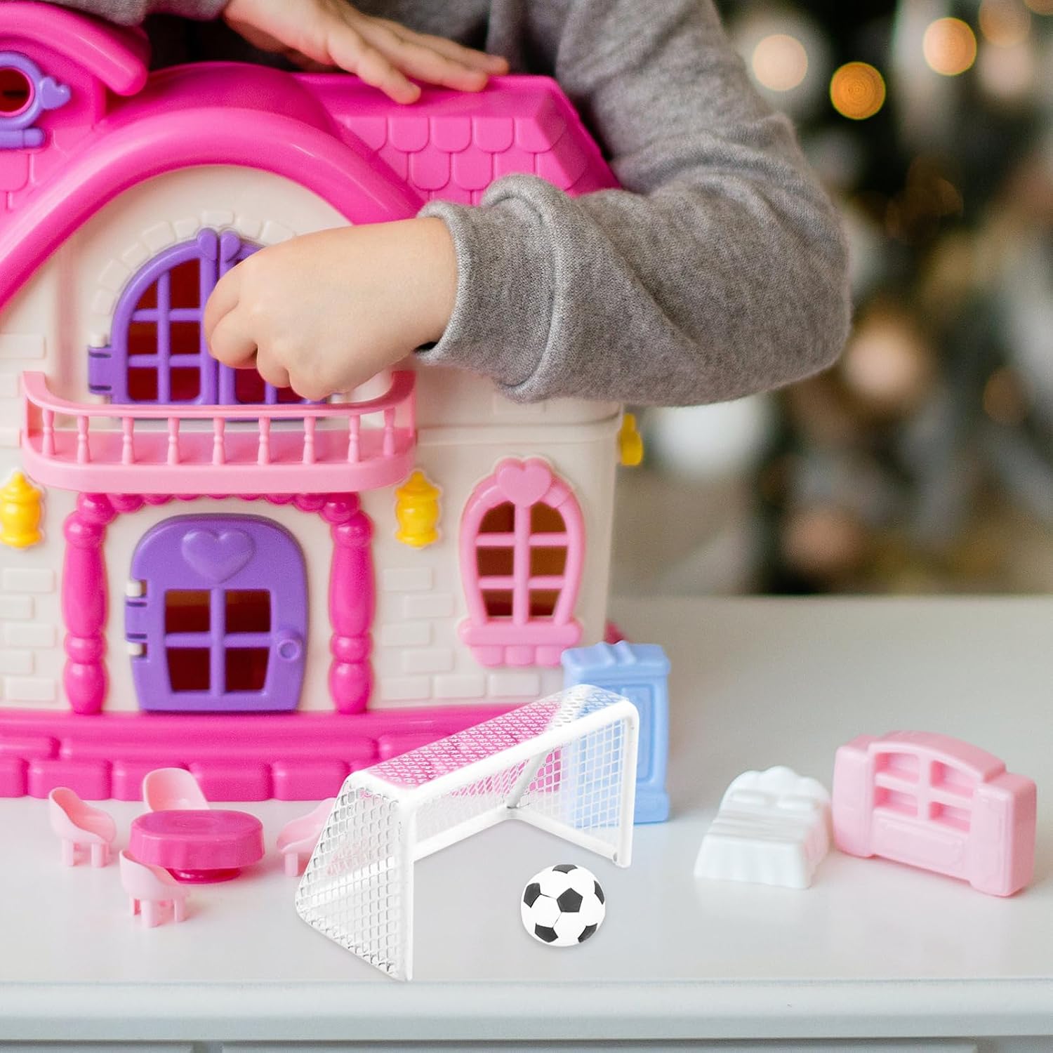 Gatuida Mini Soccer Goal for Dollhouse Dollhouse Football Gate with Mini Soccer Ball Plastic Goal Net for Miniature Scene Portable Doll House Decoration 4.40 X 2.51 X 2.24 in image 5