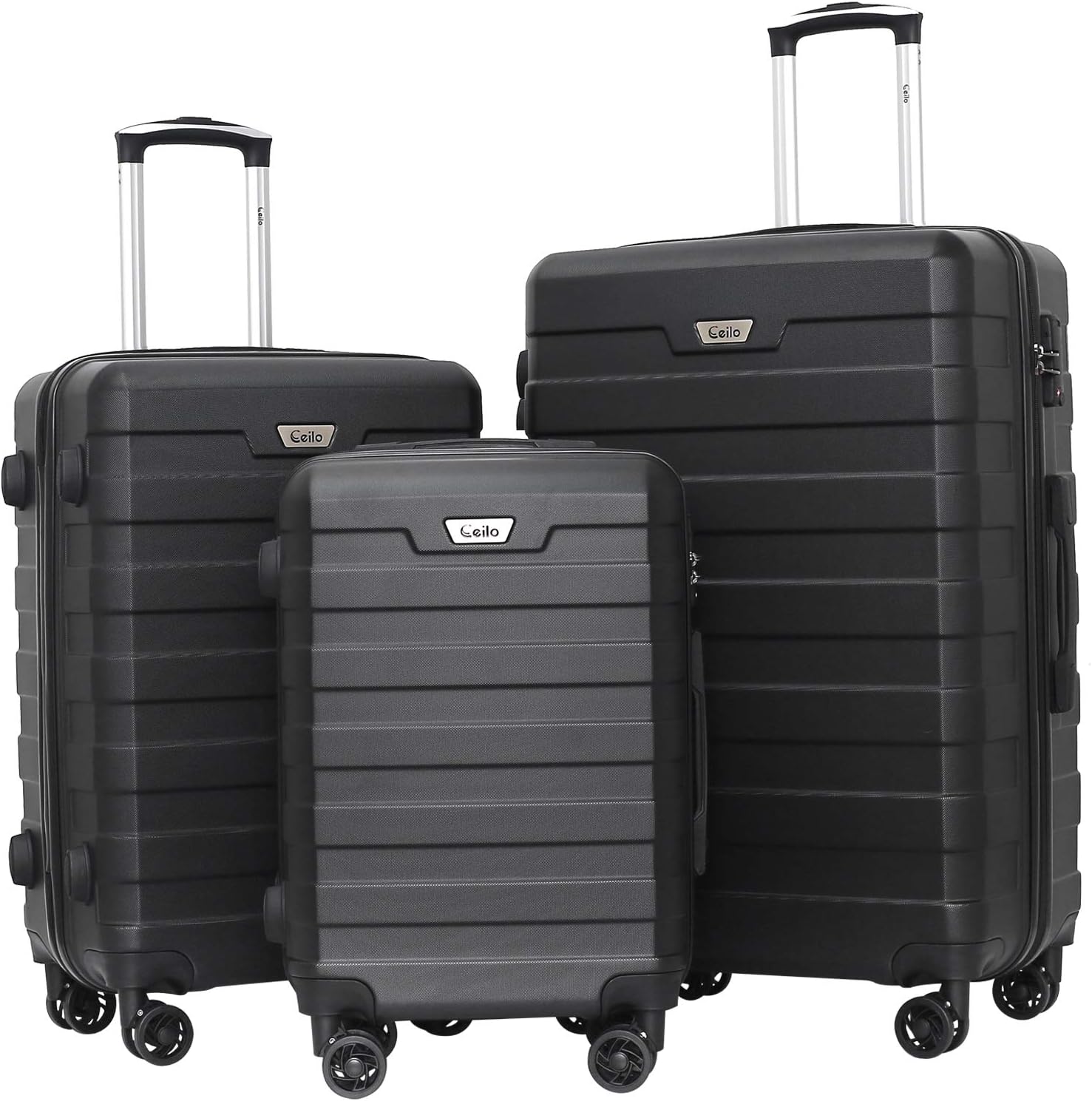 Ceilo ABS+PC Hardside Expandable Luggage Set With TSA Lock,Aluminum Handle,Lightweight Suitcase With 360° Spinner Double Wheels,Black, 3-piece Travel Luggage Set (20/24/28)
