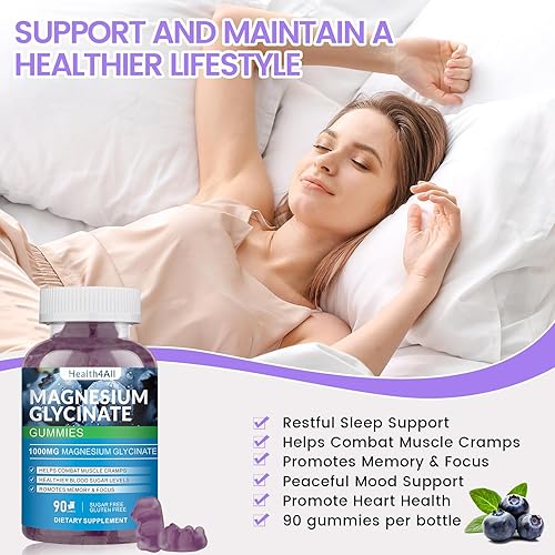 Miniatura 7 de Gomitas de glicinato de magnesio de 1000 mg, suplemento de magnesio y potasio sin azúcar de alta absorción para relajación, alivio del estrés y