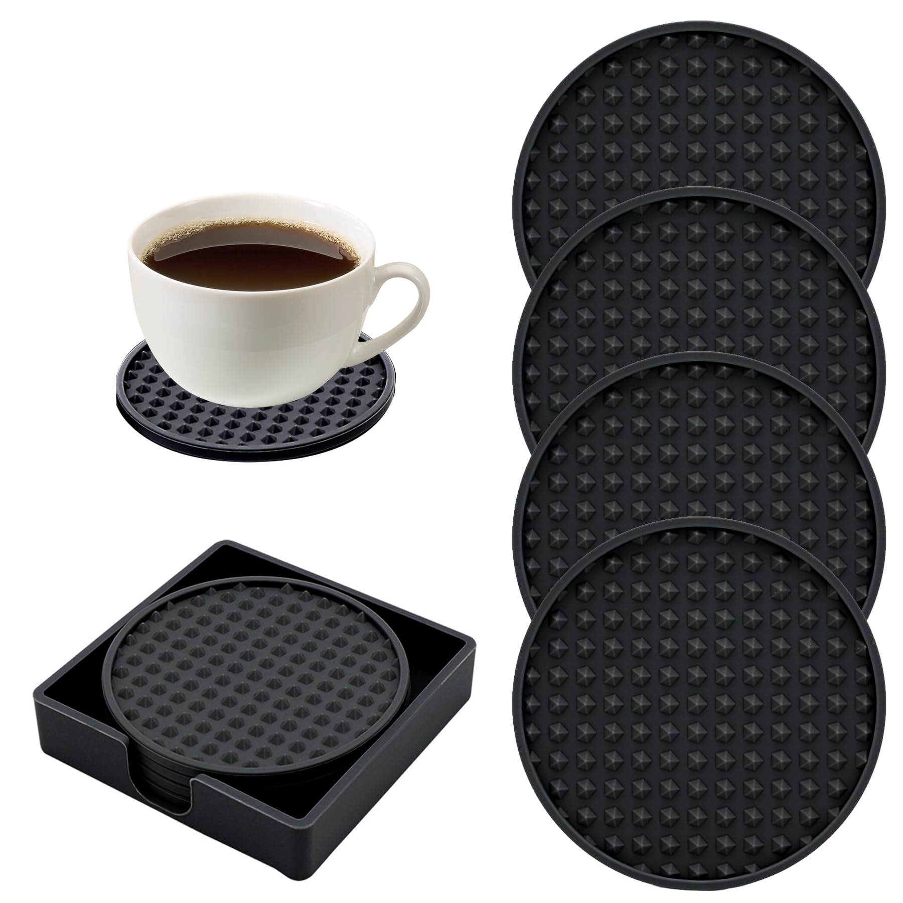 EKIND Silicone Drink Coasters Set - 4 Round Mats & Square Tray, Non-Slip, Heat-Resistant, Fits All Cups (Black, 4-Pack)
