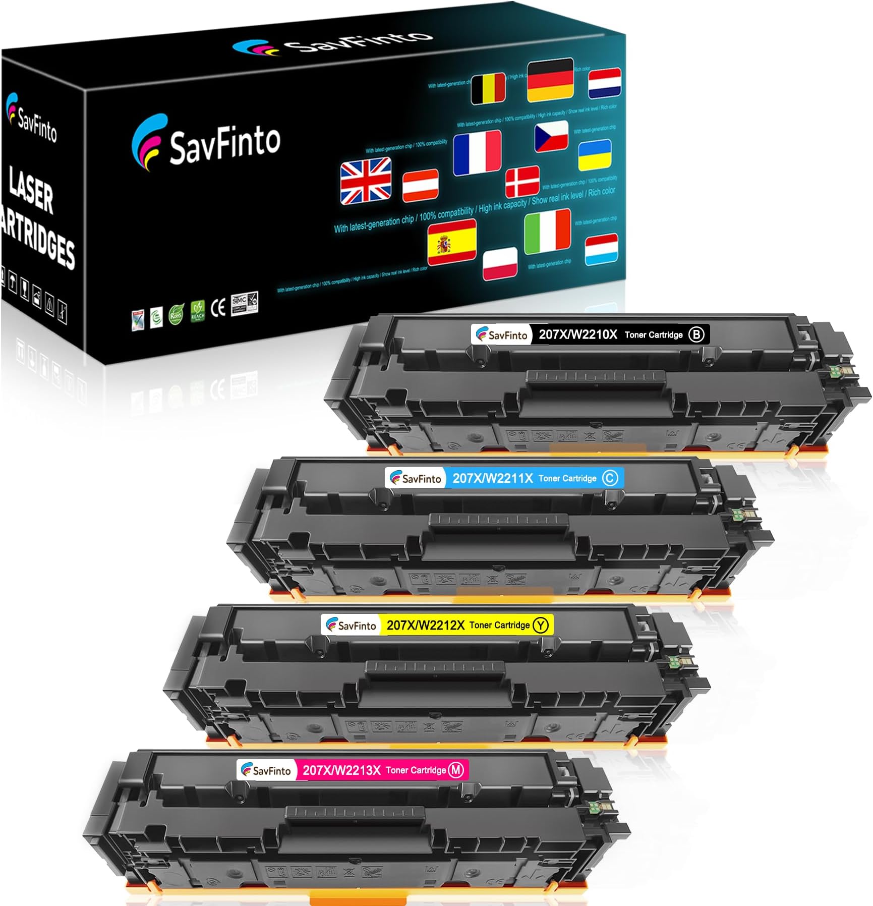 SavFinto 207X (With Chip) Toner Replacement for HP 207A 207X W2210X W2211X W2212X W2213X Multipack Compatible for HP Color Laserjet Pro MFP M283fdw M255dw M282nw M283fdn M255nw (4 Pack)