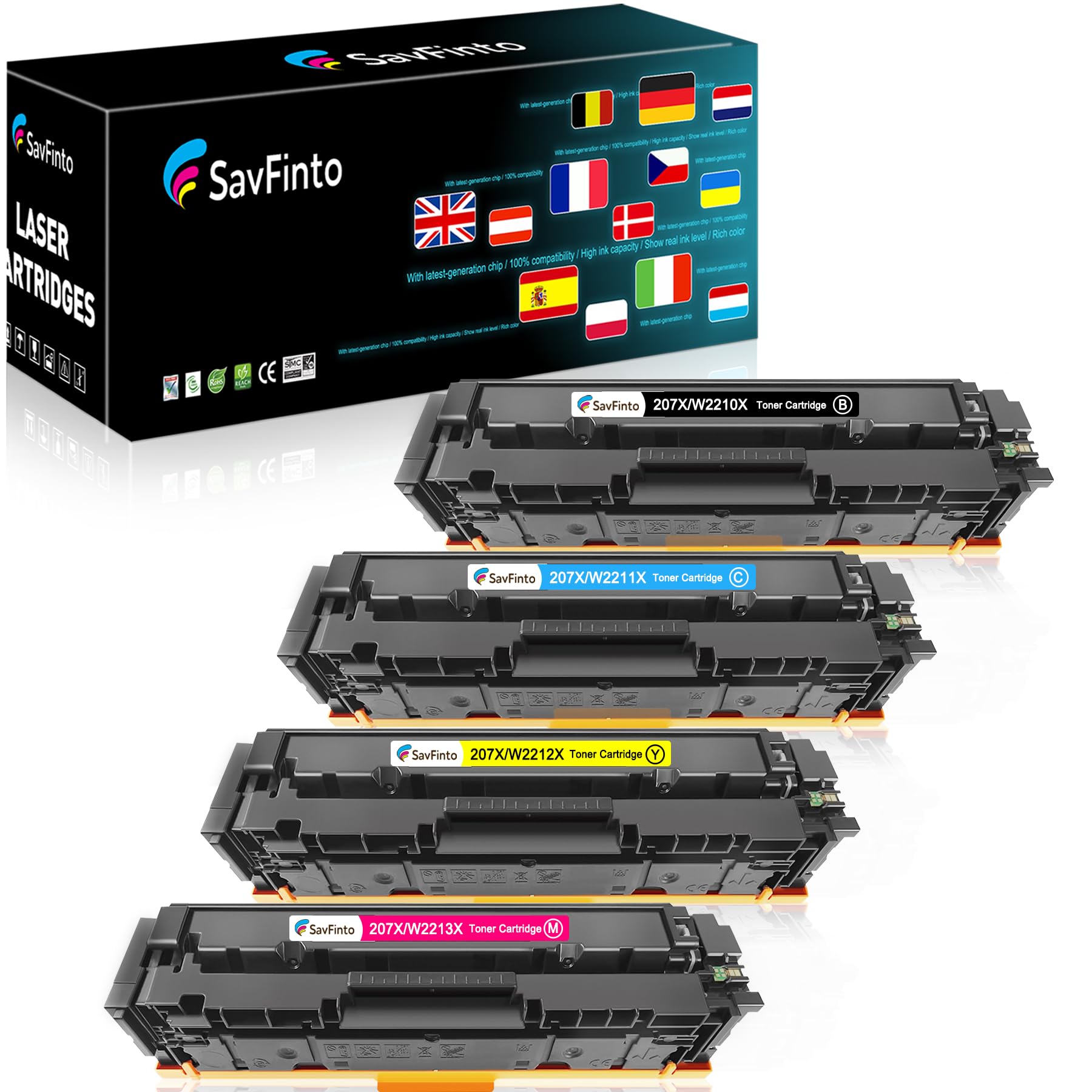 SavFinto 207X (With Chip) Toner Replacement for HP 207A 207X W2210X W2211X W2212X W2213X Multipack Compatible for HP Color Laserjet Pro MFP M283fdw M255dw M282nw M283fdn M255nw (4 Pack)