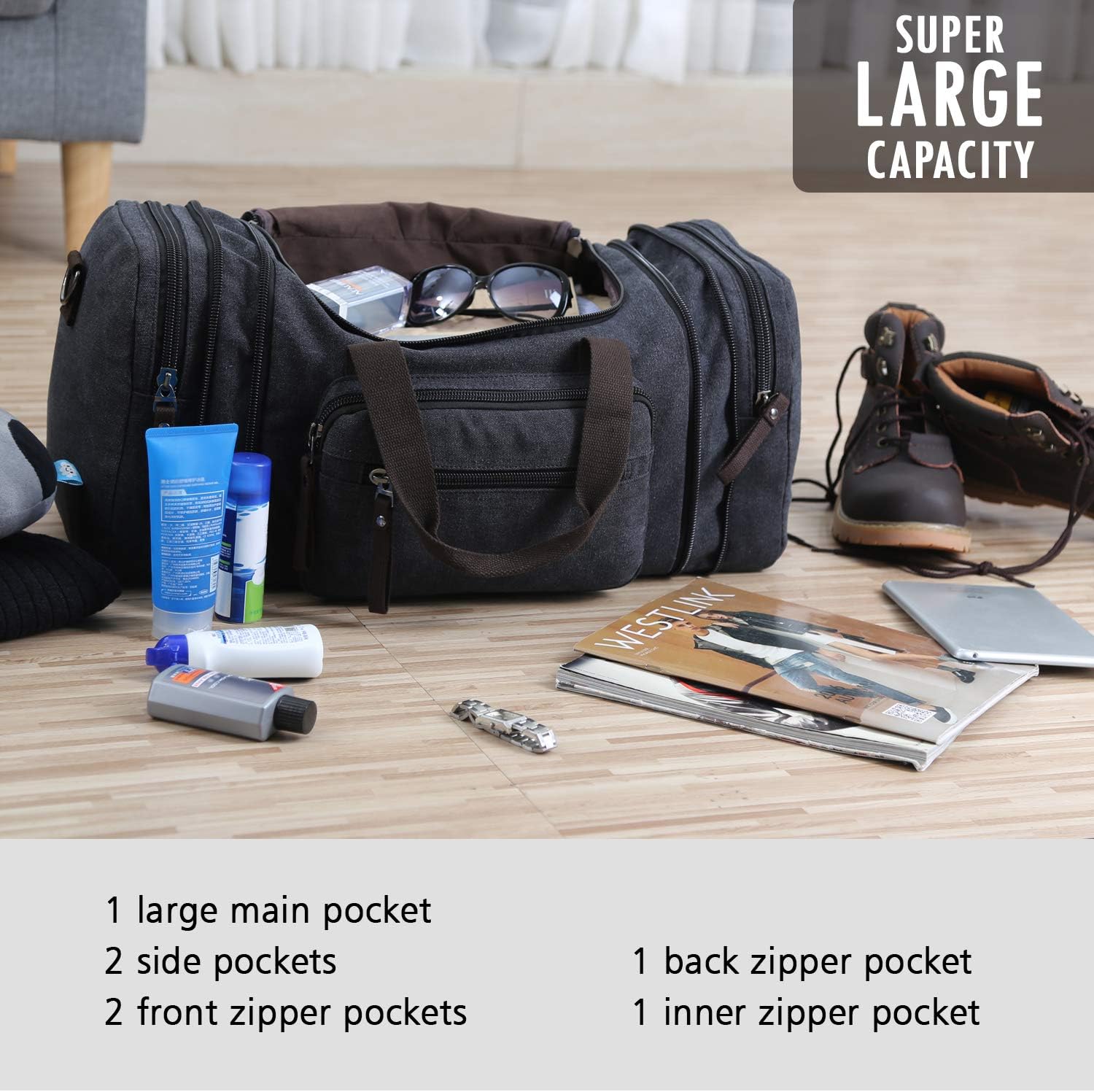  | Toupons Travel Duffel Bag for Men Canvas Overnight Weekend Bag (Black ) | Travel Duffels