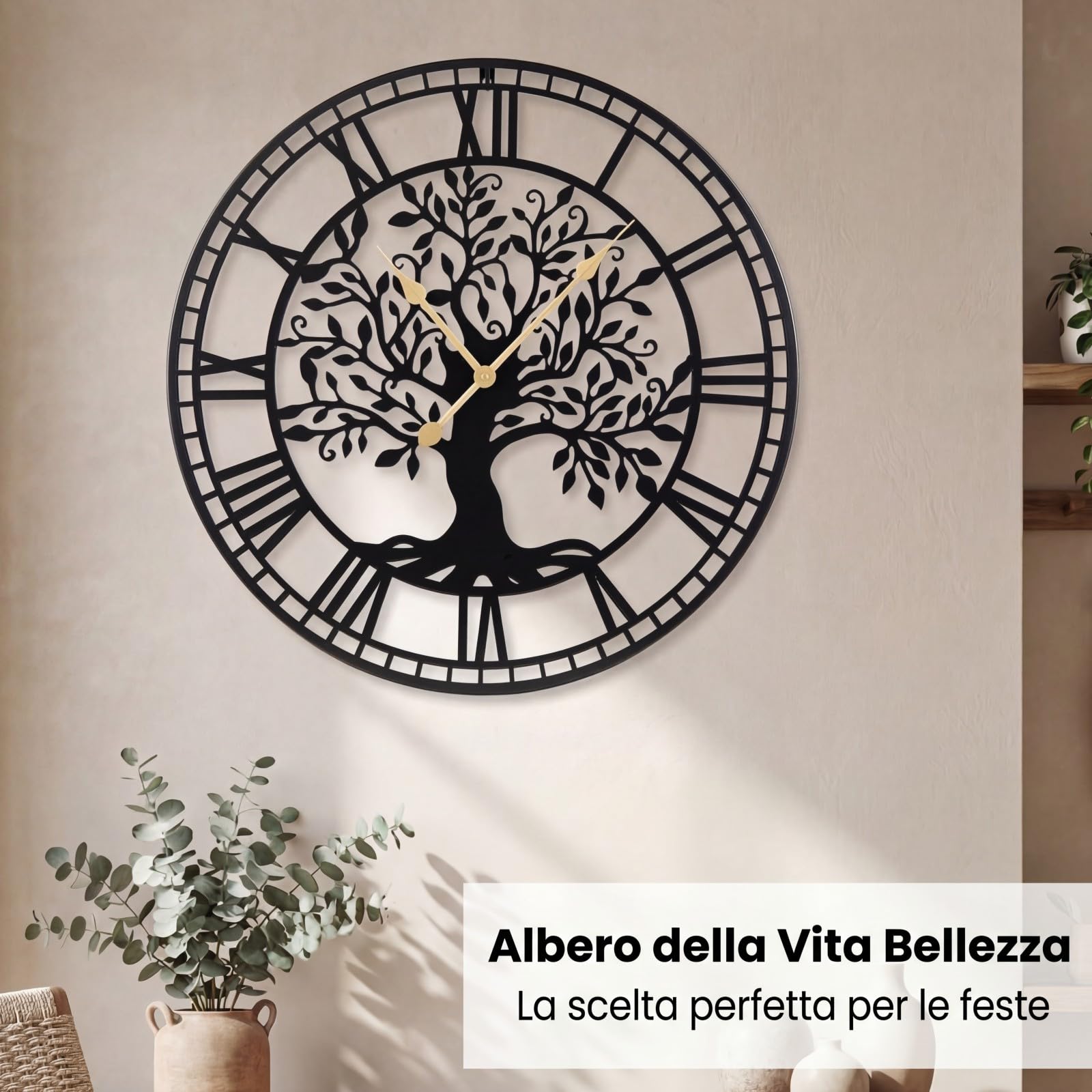 COSTWAY Orologio da Parete Grande da 68 cm, con Albero della Vita in Metallo, Orologio Decorativo Silenzioso Senza Ticchettio, per Soggiorno, Camera da Letto e Cucina, Nero
