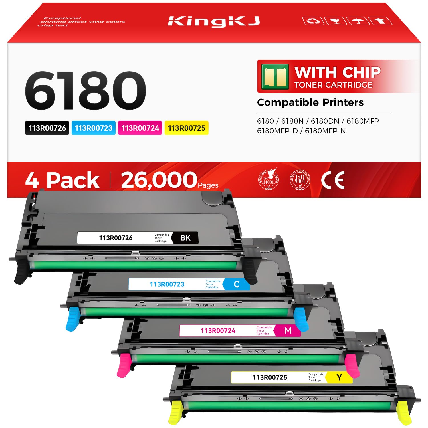 Phaser 6180 High Capacity Toner Cartridge Set 4-Pack Replacement for Xerox 113R00726 113R00723 113R00724 113R00725 Compatible for Xerox Phaser 6180 6180N 6180DN 6180MFP 6180MFP-D 6180MFP-N Printer Ink