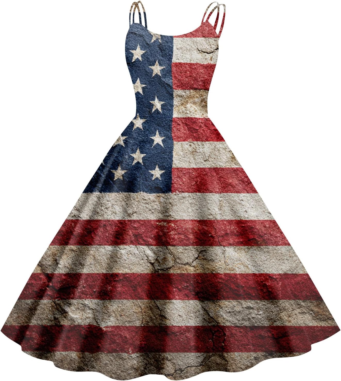 4Th of July Dress USA Flag Patriotic Sexy Cami Dresses Independence Day Swing A Line Spaghetti Strap Sundress, S-3XL