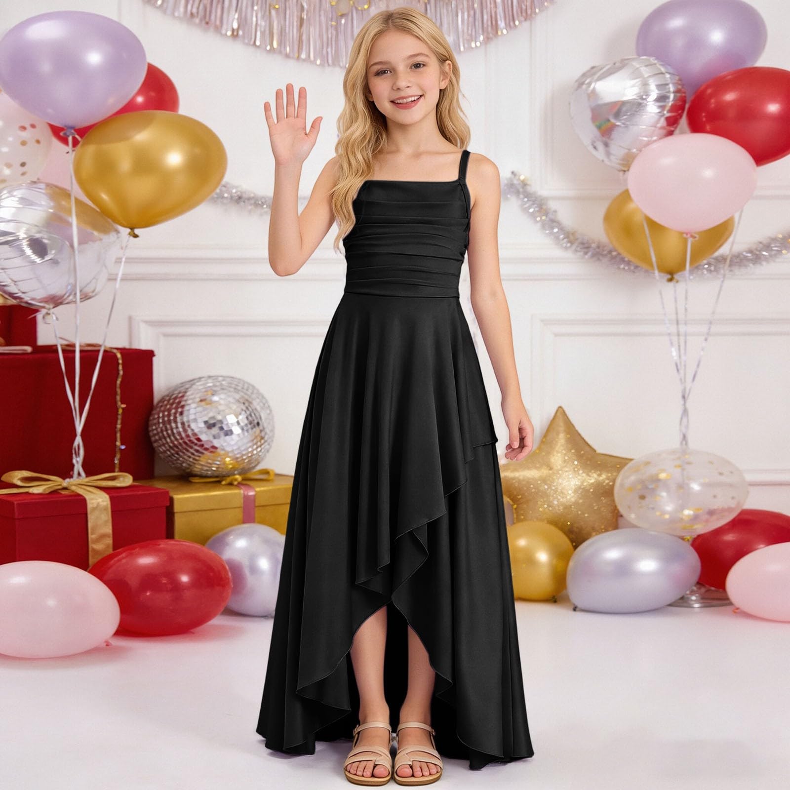 Generisch Vestido de fiesta para niñas con falda con volantes y parte superior cruzada sin tirantes