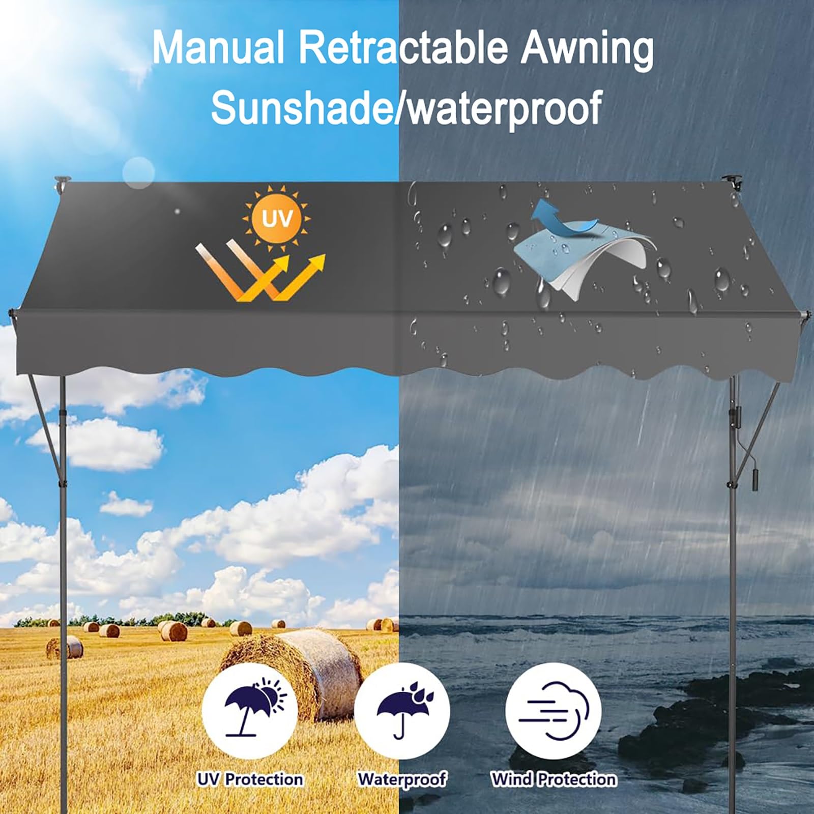 Auvent rétractable imperméable et manuel pour porte de terrasse extérieure/fenêtre – Réglable 230 x 120 cm – Protection UV idéale et solution d'ombrage