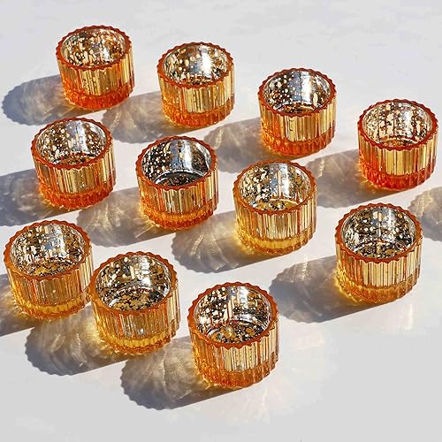 Miniatura 5 de VOHO 24 portavelas votivas doradas para decoraciones navideñas, velas de té, centros de mesa dorados para mesa, portavelas pequeño acanalado para