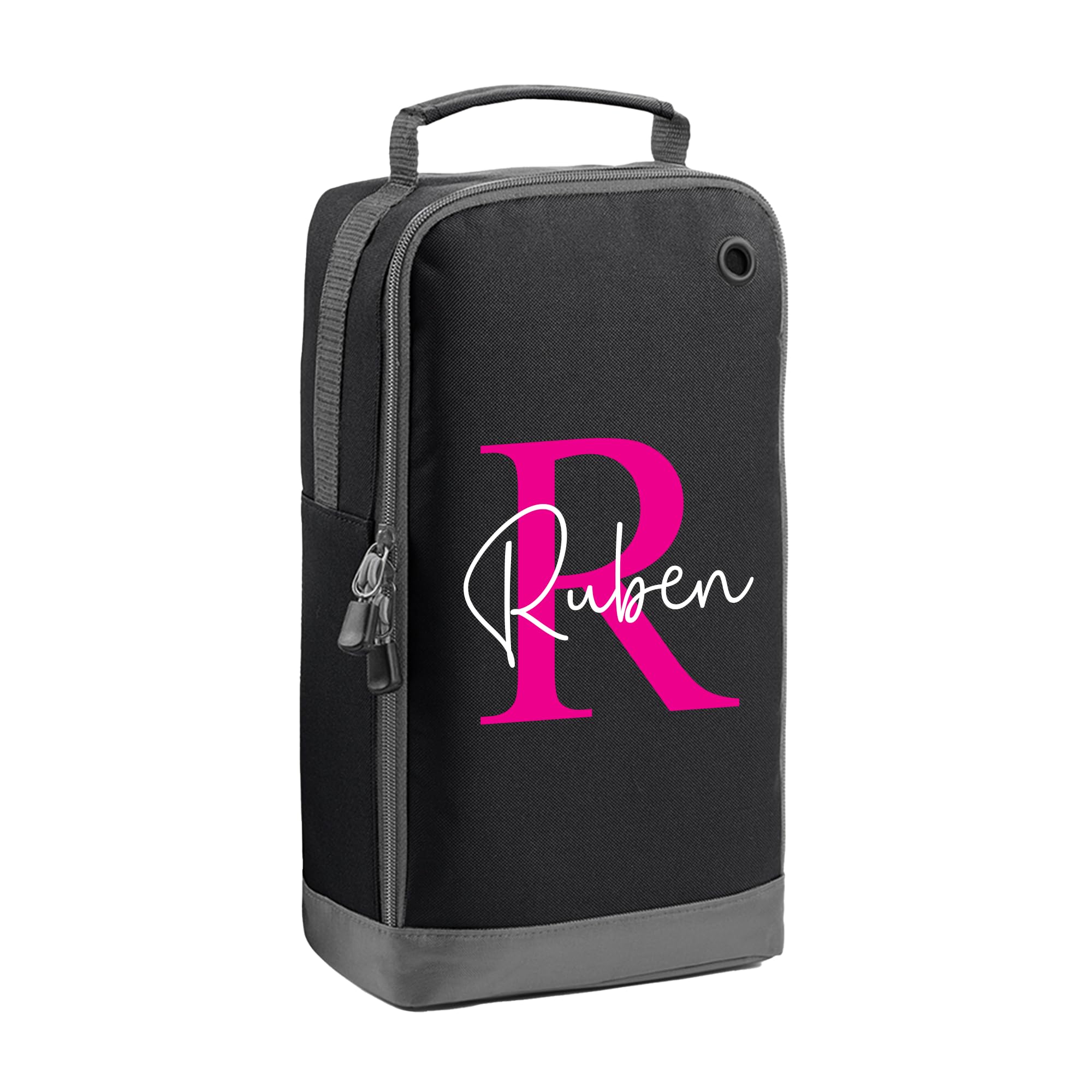 Personalised Kids Boot Bag with Custom Name - Pink Initial Design - Black Shoe Bag for PE & School