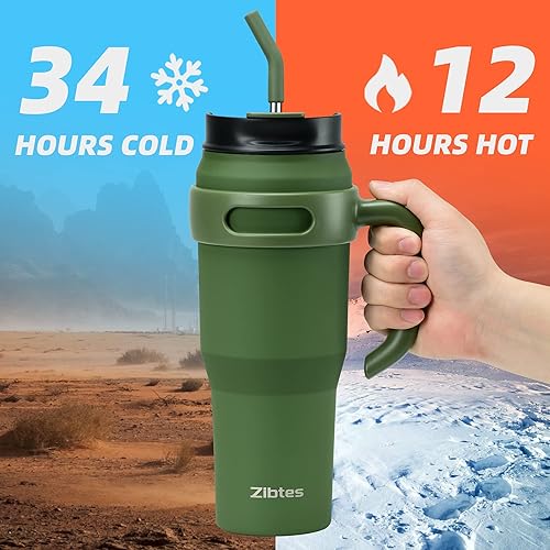 Miniatura 2 de Zibtes Vaso aislado de 40 onzas con asa y popotes de tapa, apto para portavasos de café de viaje de acero inoxidable, botella de agua metálica que