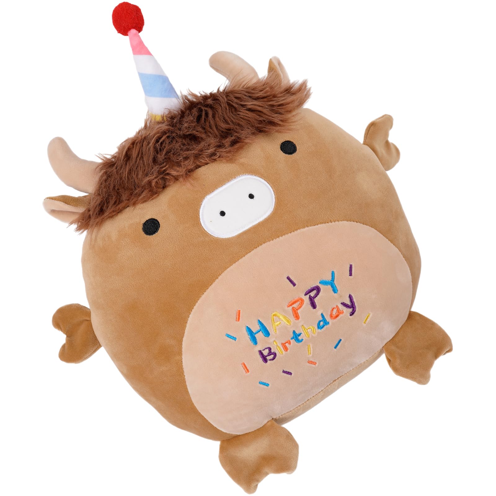 12 Inch Happy Birthday Highland Cow Plush Hugging Pillow - Cute Animal Plushies Toys - Brown Fluffy Scottish Cow Stuffed Animals Gift for Kids and Lovers 2
