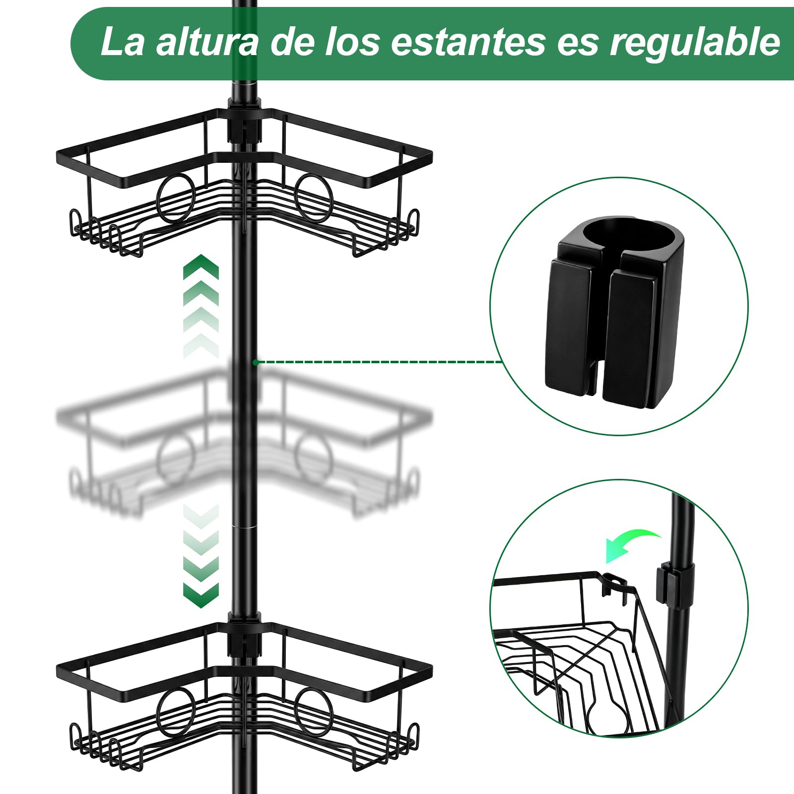 Estanteria ducha sin taladro, 105-304cm, Acero Inoxidable, para Baño | para azulejos, regulable en altura, antideslizante, 2 jaboneras, toallero, cesta