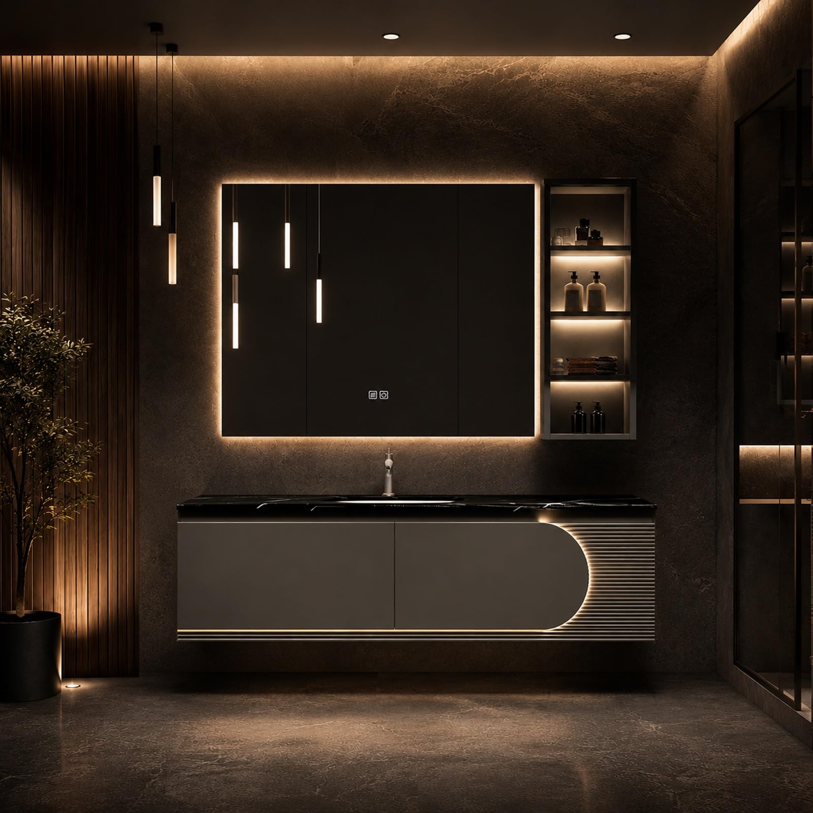 Mobile Bagno Con Lavabo, Mobile Sospeso Bagno Con Specchio E Colonna, Piano In Pietra Sinterizzata, Legno Di Hevea, Per Bagno Moderno Elegante