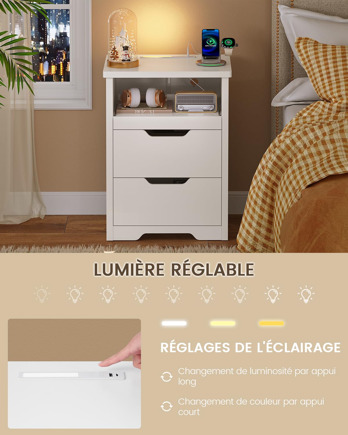 TEENFON Set de 2 Tables de Chevet avec Éclairage LED 3 Couleurs et Charge Rapide USB/Type-C – Chevet de Lit ainsi que Table de Nuit Moderne avec Plateau Coulissant et 2 Tiroirs, pour Chambre et Salon,
