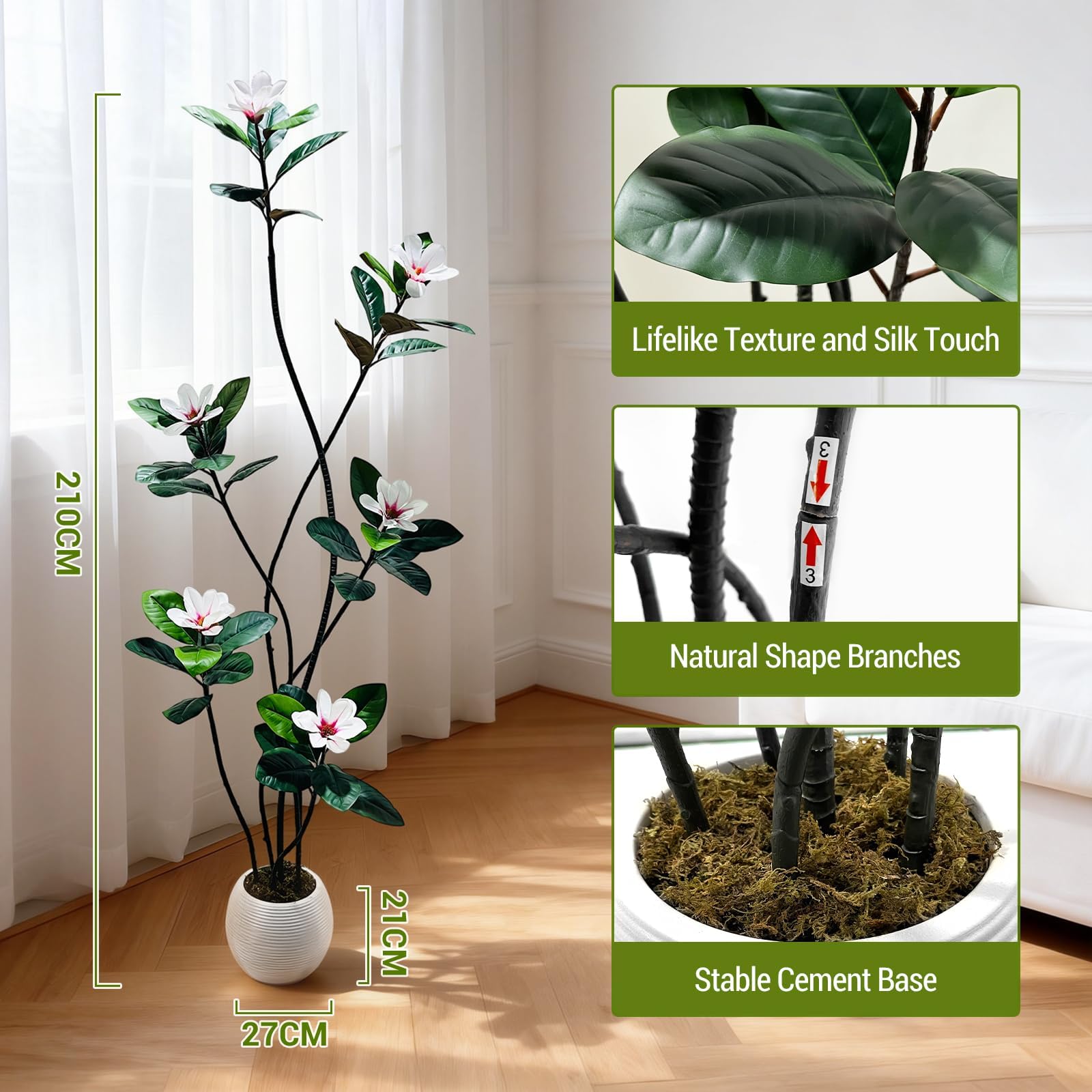 Arbre Magnolia Artificiel, Faux Arbre résistant UV en Pot - 7FT