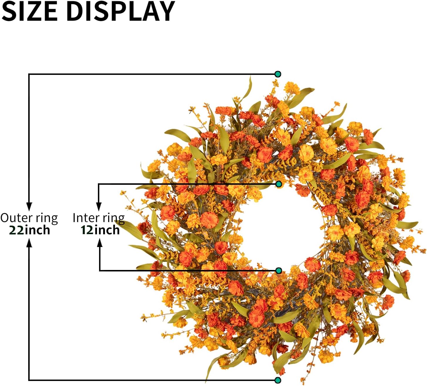 22 Inch Fall Flower Wreath for Front Door,Autumn Harvest Wreath with Wildflower,Red & Yellow Blooms Greenery Leaves for Indoor Outside Home Wall Festival Thanksgiving Decor