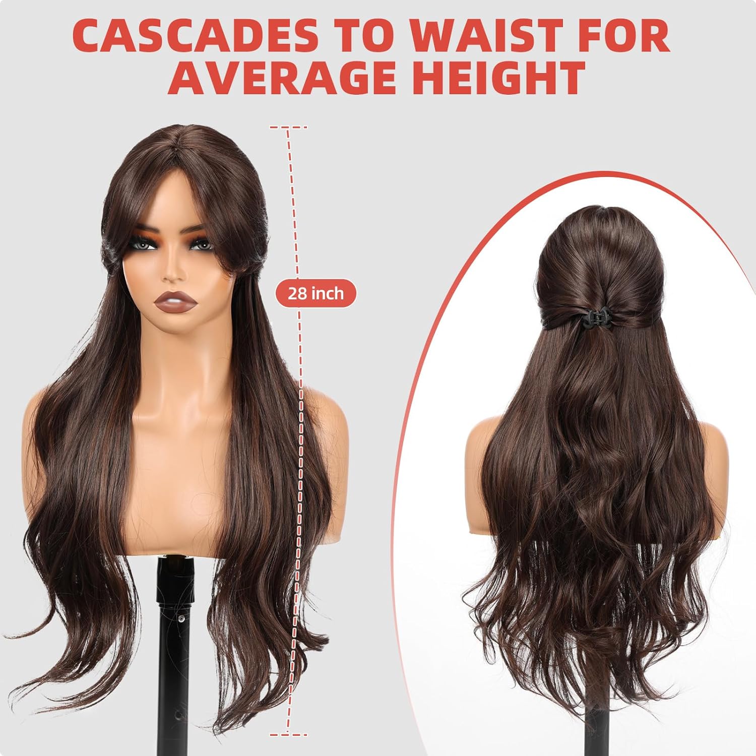 Allbell Brown Wigs for Women, 28 Inch Long Curly Synthetic Hair Wig with Curtain Bangs for Daily Use