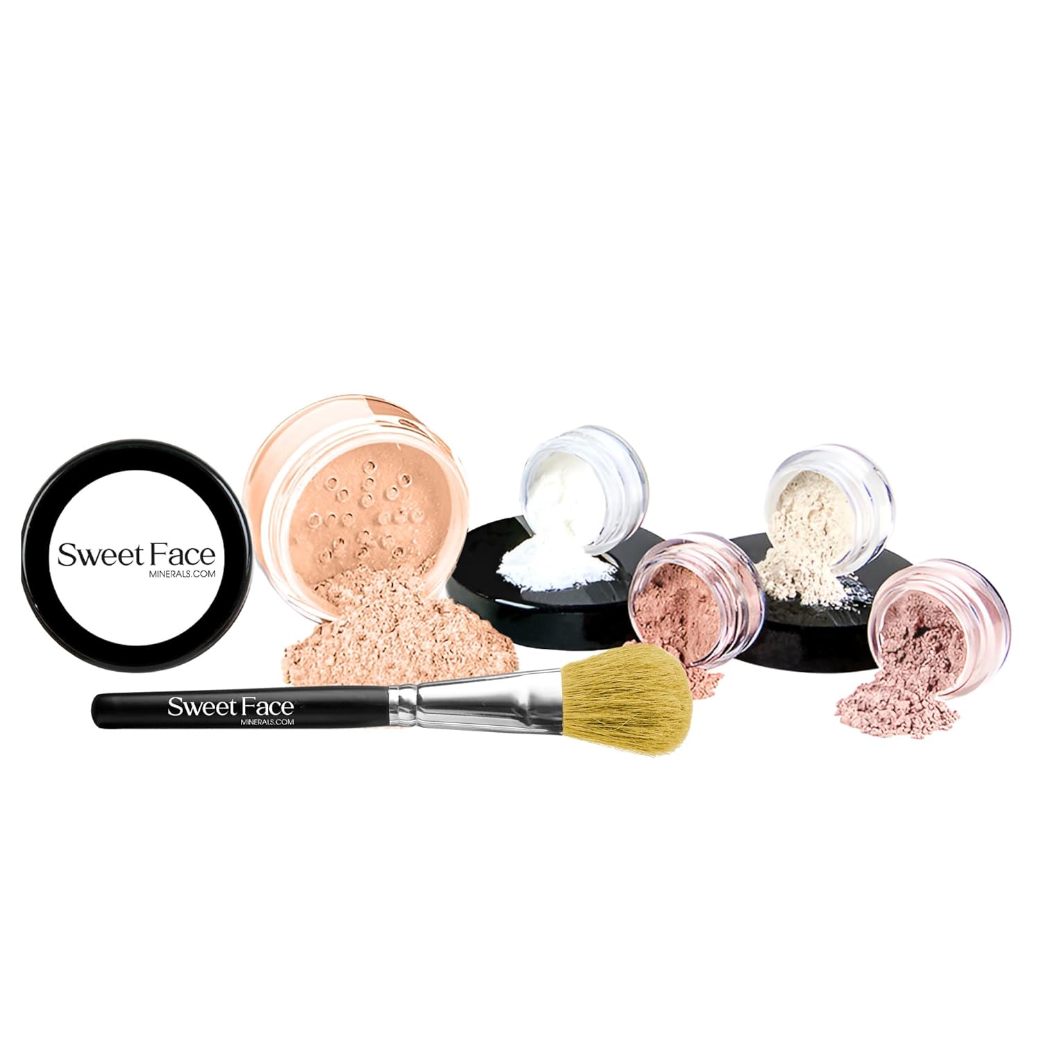 6PC Starter Kit with Brush (Pink Bisque Shade) (5 Gram Sample Size Jars) Mineral Makeup Travel Size Set & Beginners Friendly Includes Foundation, Blush, Bronzer, Translucent Primer & Finishing Powder