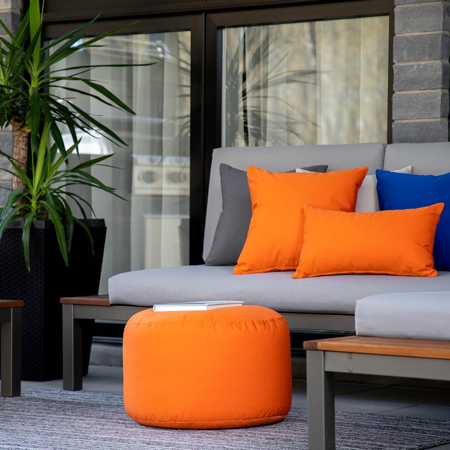 Gouchee Home Dotcom Soleil Bean Bag Round Ottoman/Pouf - Waterproof, Fade-Resistant Footrest for Indoor/Outdoor - Filled with High-Density Polystyrene Beads, Double-Stitched Seam, Orange, 20"D x 12"H
