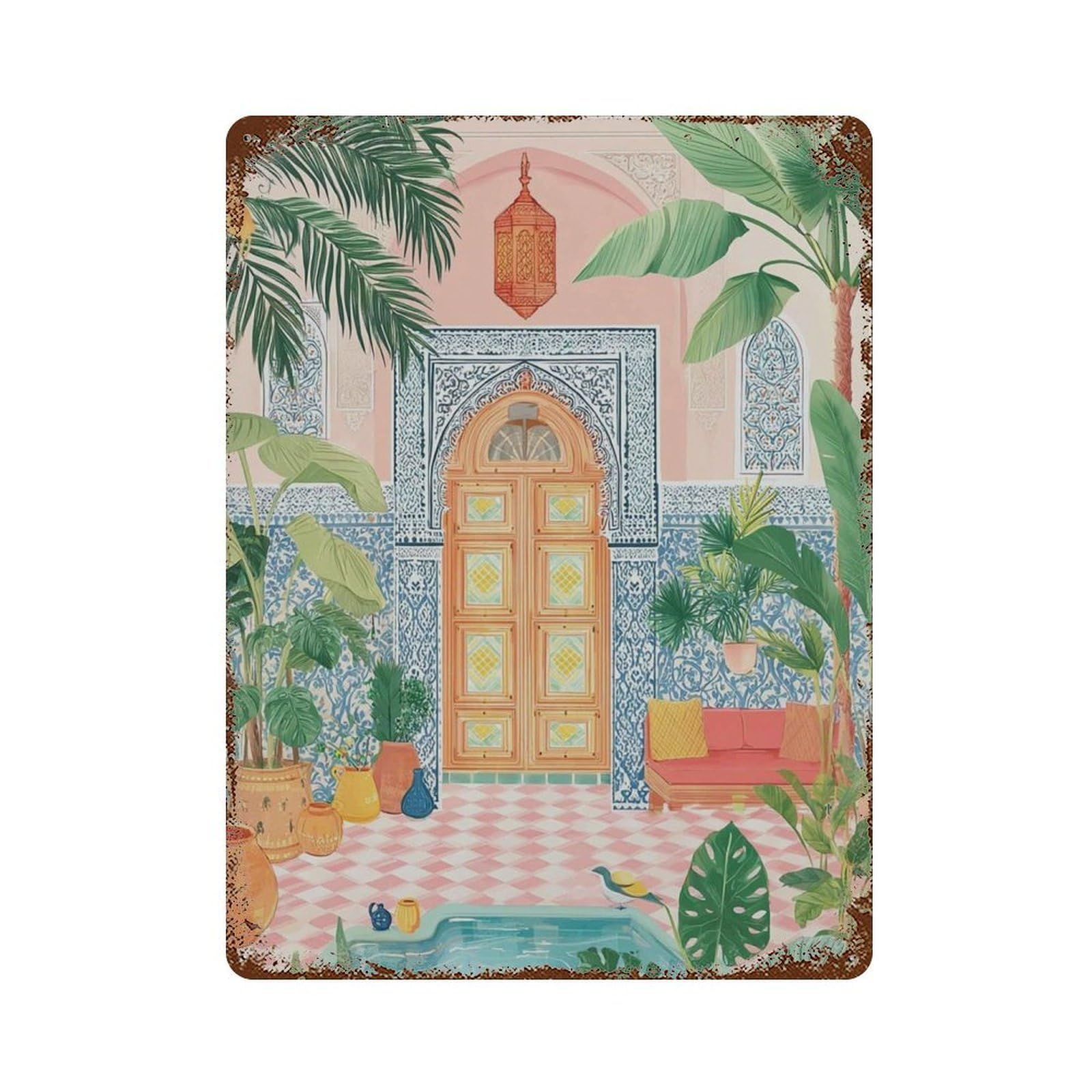 xiaoxiaoshen Moroccan Courtyard Boho Tropical Exotic Architecture Colorful Travel Mediterrane (2) Wall Decor Art Metal Tin Poster Modern Home Decor Art Home Bar Shop Decorations Vintage Sign 40x30cm