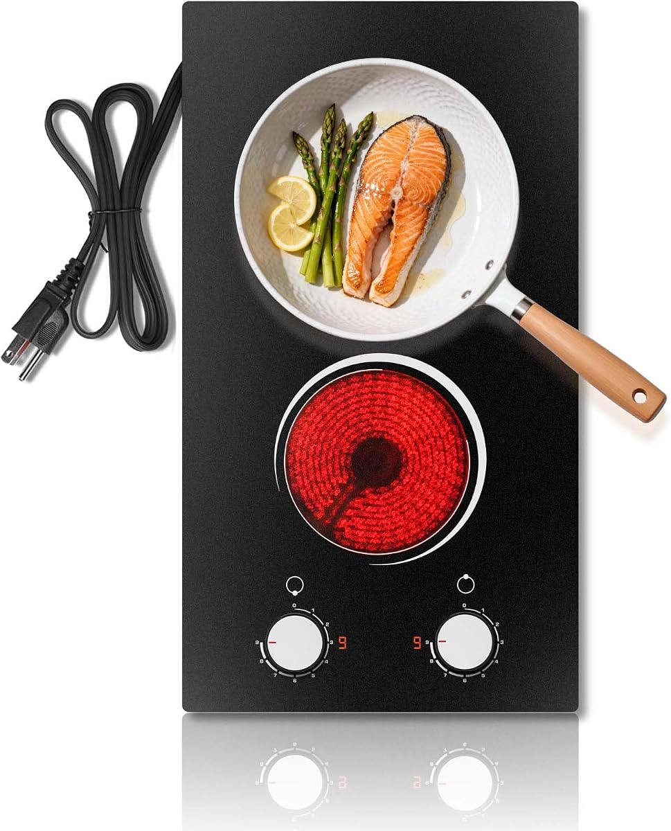 12 Inch Electric Cooktop 2 Burner, Plug In 110V Electric Stove Top 2000W | Electric Radiant Cooktop Countertop & Built-in, Residual Heat Indicator, Over-Heat Protection, Knock Control