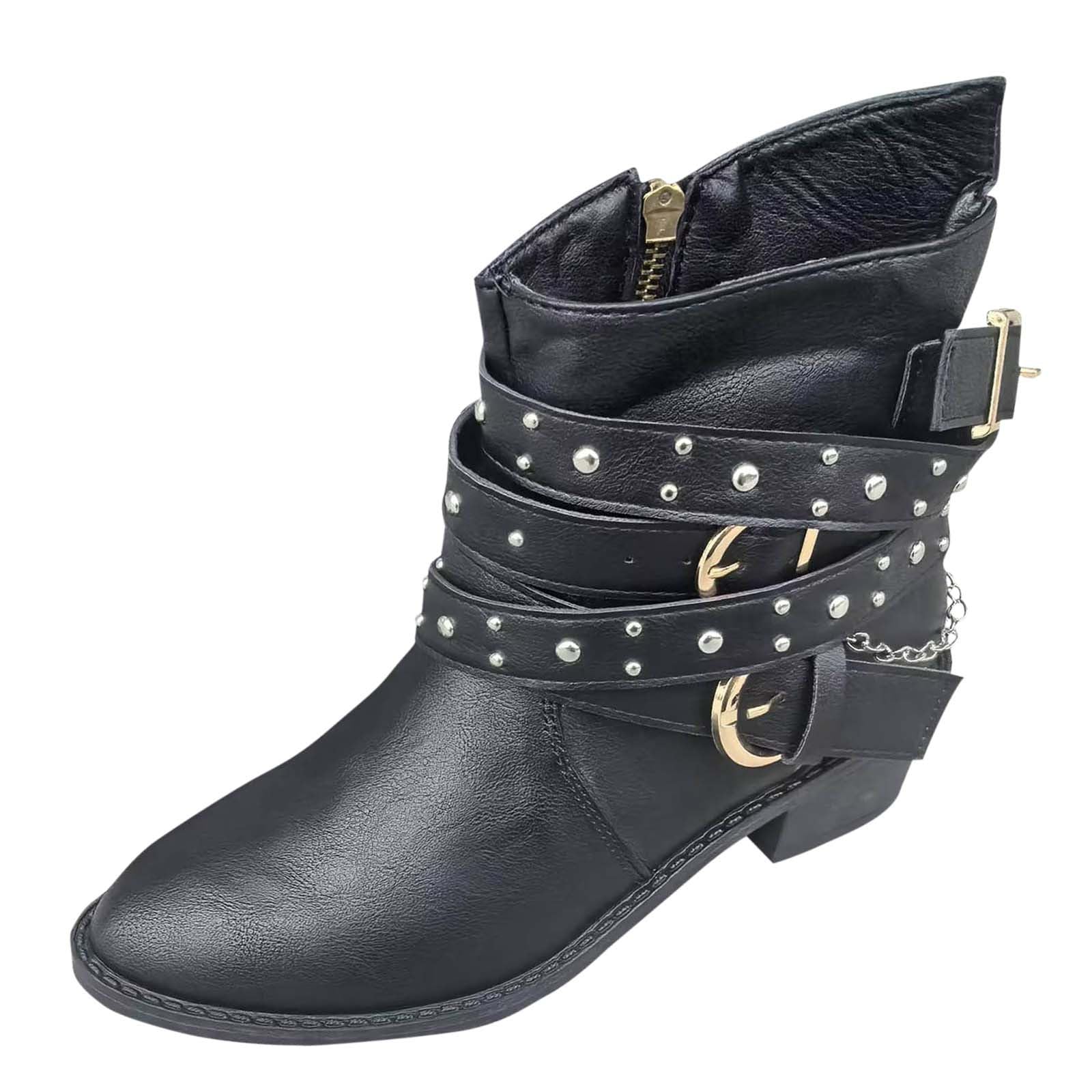 Womens Rhinestone Buckle Ankle Boots Chunky Heel Leather Boots Side Zipper Vintage Ankle Booties for Ladies