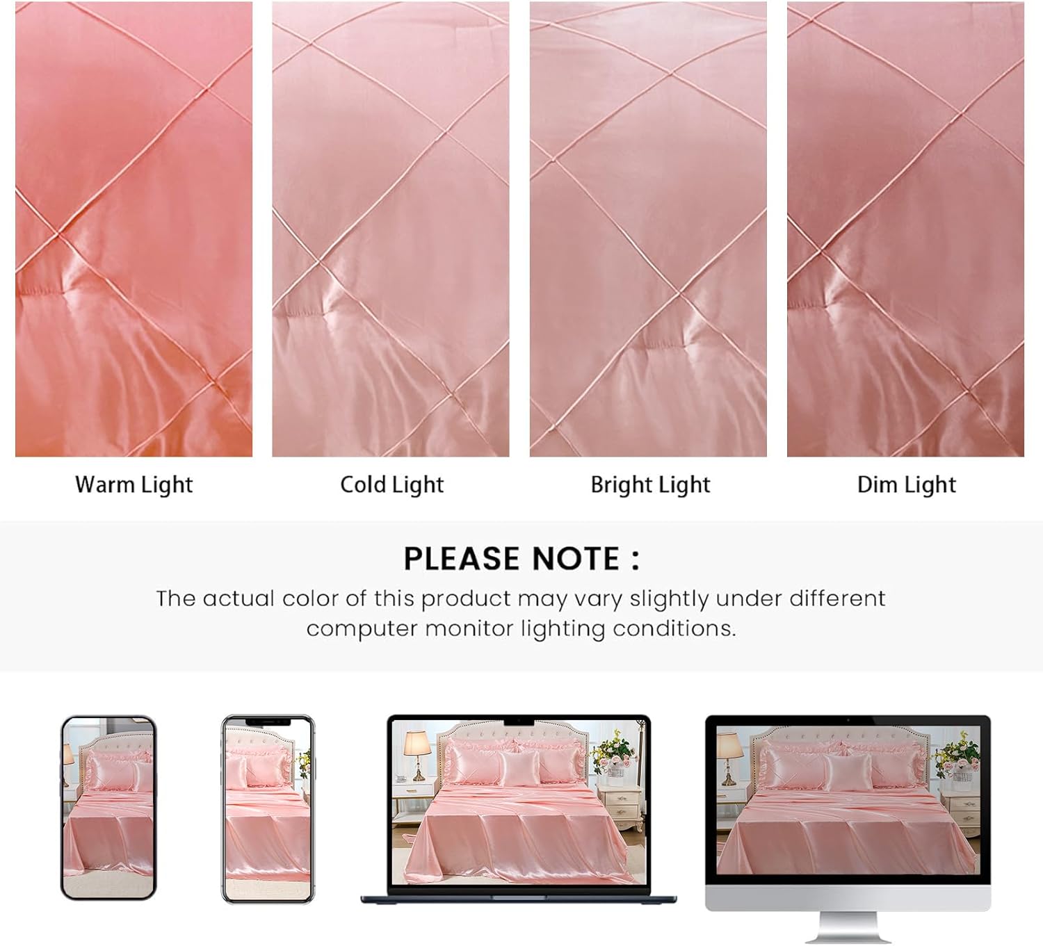 Satin Comforter Set King Sheet Set Silk Like Pink Bedding Set Silky Bed in a Bag 8 Pcs Pinch Pleat Bed Set Home Decor Luxury Hotel Silky Ruffle Down Comforter with 1 Cushion Cover