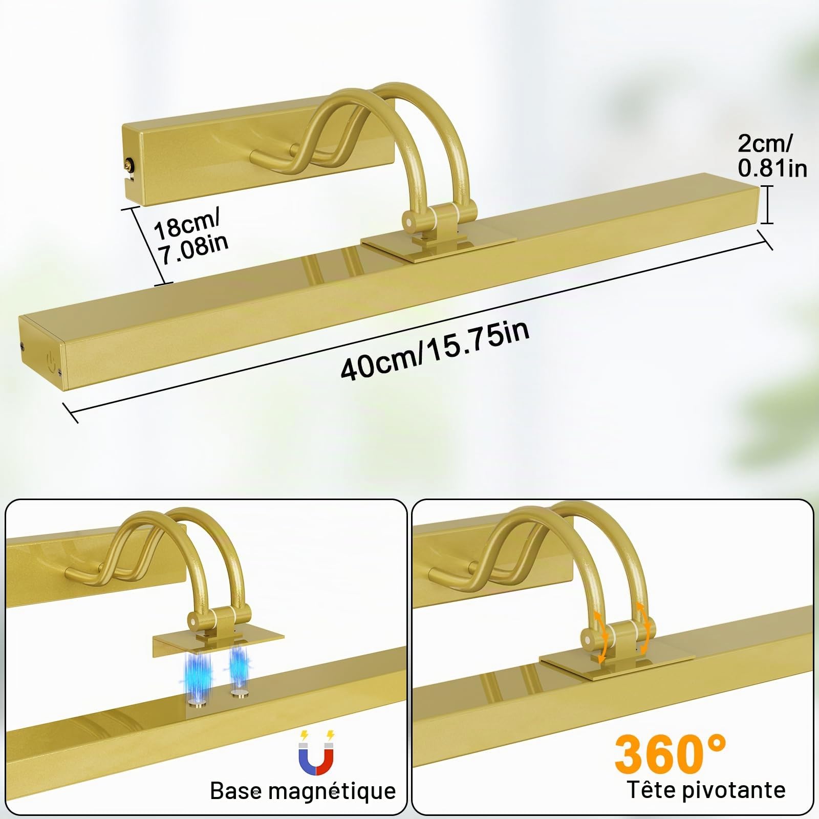 Éclairage mural LED sans fil - Batterie rechargeable de 5000 mAh - Avec télécommande - 3 températures de couleur et luminosité réglable - Doré - 40 cm