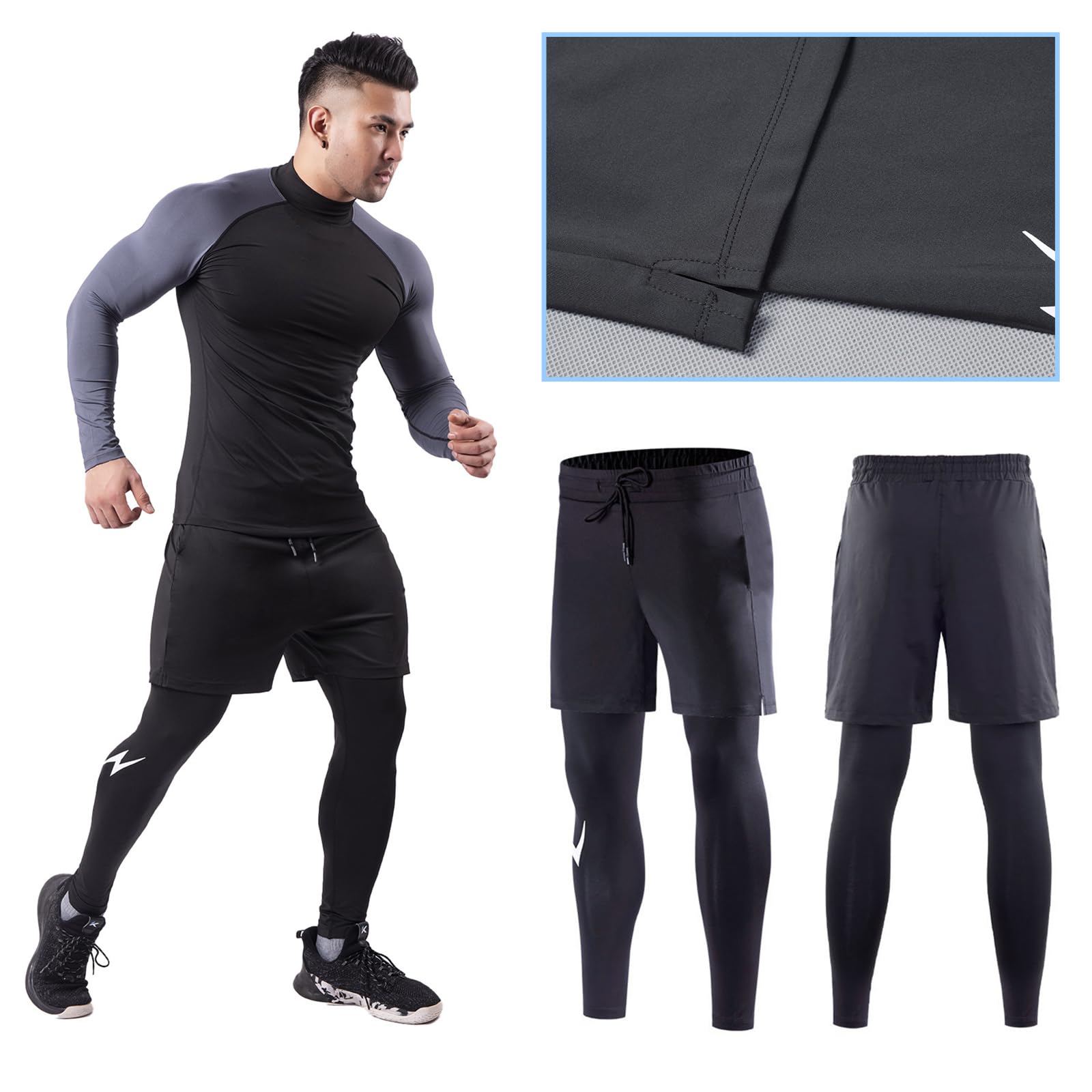 RuiChy Pantalons de Course 2 en 1 Homme Short Sport à Cordon Élastique à Séchage Rapide Pantalon de Compression au Signe Éclair, Fitness Legging Sport avec Poches pour Basketball Football
