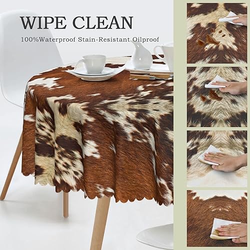 Miniatura 4 de Mantel redondo estampado de piel de vaca roja y blanca de 60 pulgadas, mantel de poliéster lavable, mantel de encaje con patrón ondulado para