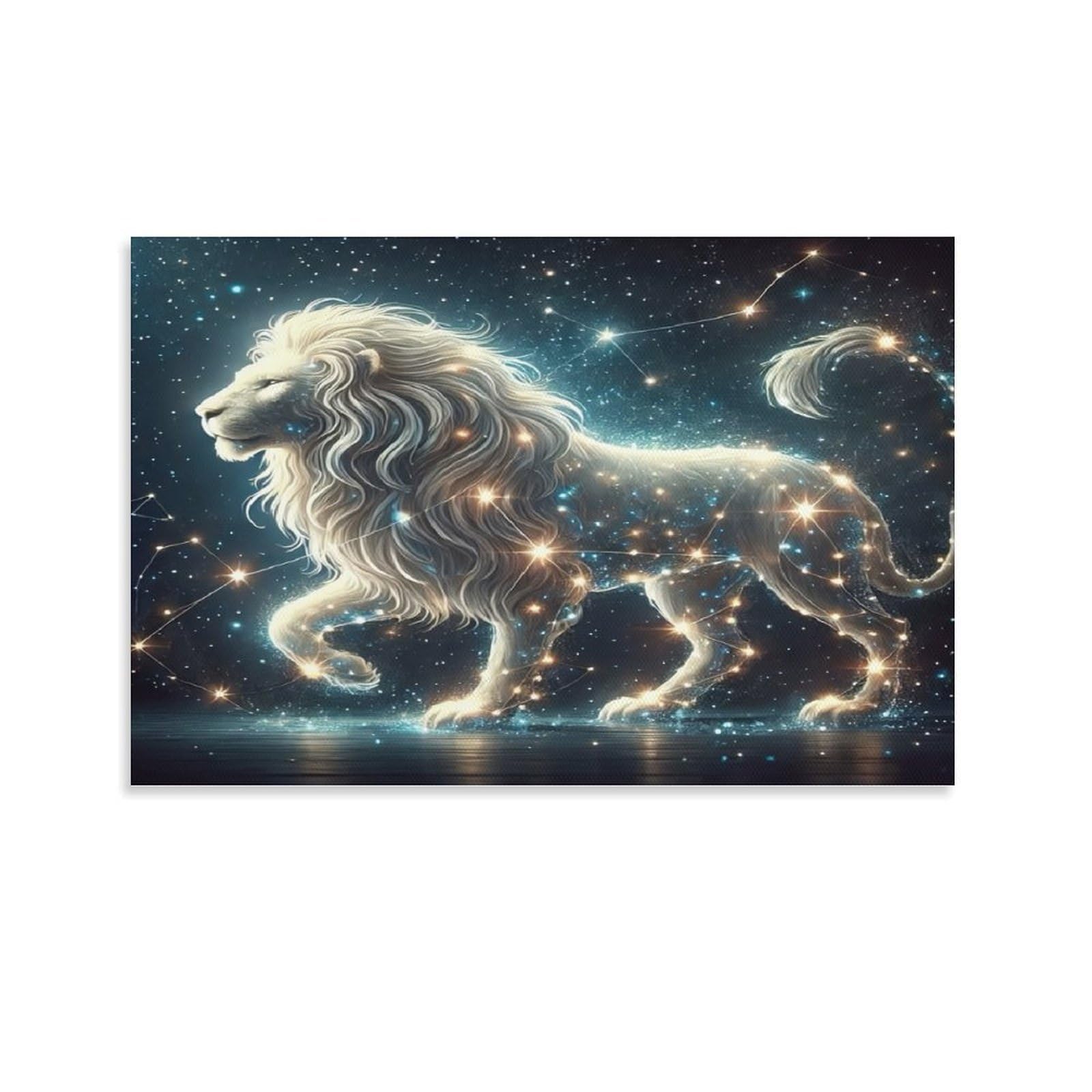 CPLVKWRQJ Starry Lion Astrology 1 Piece Glowing Starry Celestial Lion Illustration Framed Canvas Print - Living Room Focal Point Ready to Hang Gallery Wall Decor 08x12inch(20x30cm)
