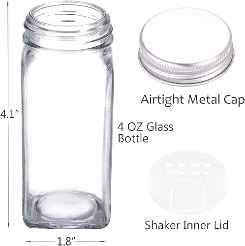 Miniatura 6 de SWOMMOLY Spice Rack Organizer with 18 Empty Square Spice Jars, 396 Spice Labels with Chalk Marker and Funnel Complete Set, Spice Organizer for