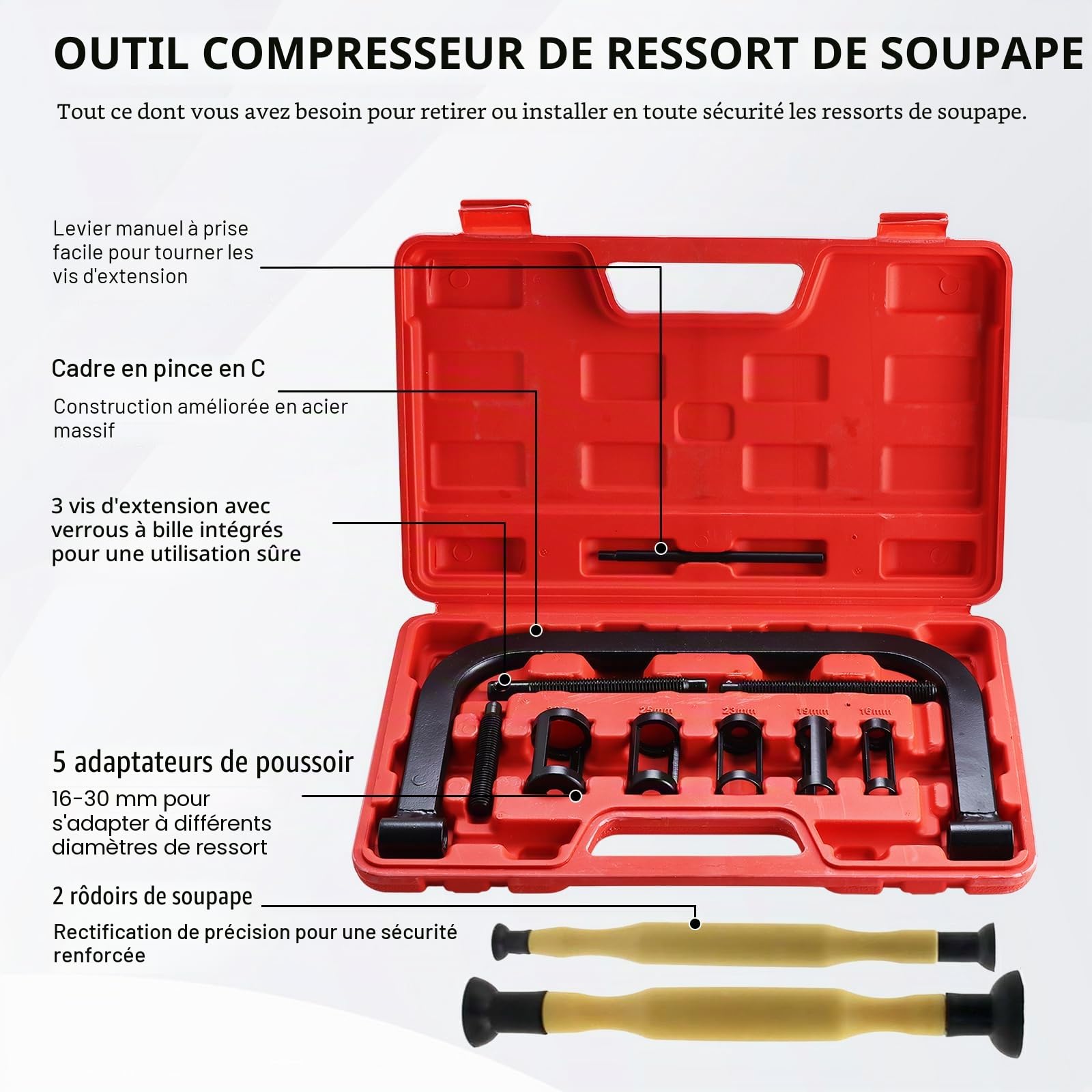 FreeTec Kit de Leve Soupape,12 Pièces Compresseur Ressort Soupape avec Solide C Pince et Rodoir de Soupape, 16-30mm Compresseur de Ressort de Soupape Demonte Soupape pour Auto Moto Voiture