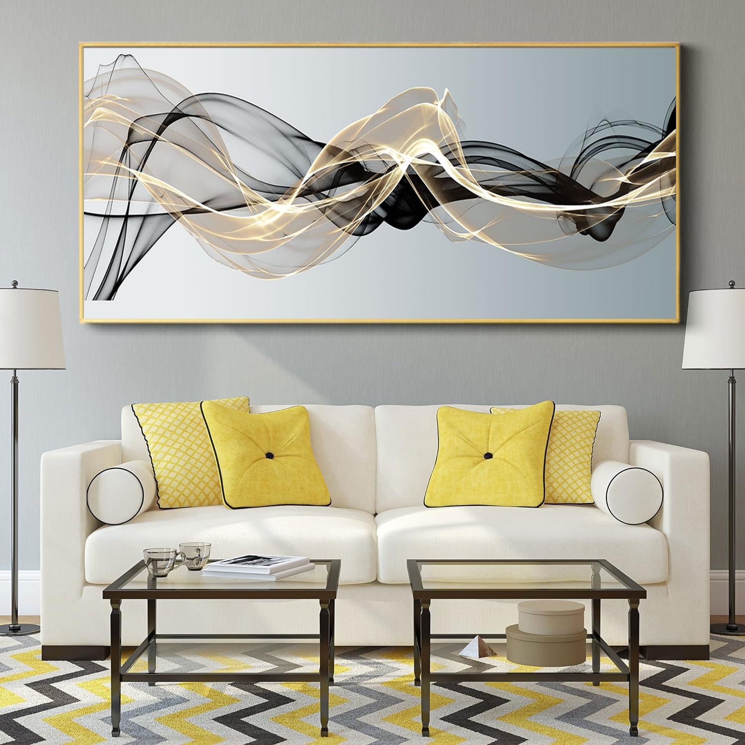 Large Modern Abstract Gold Black and White Wall Art Picture for Living Room Bedroom Swirl Ribbon Canvas Print Home Office Decoration Light Luxury Oversized Giant Artwork Painting 24x48in