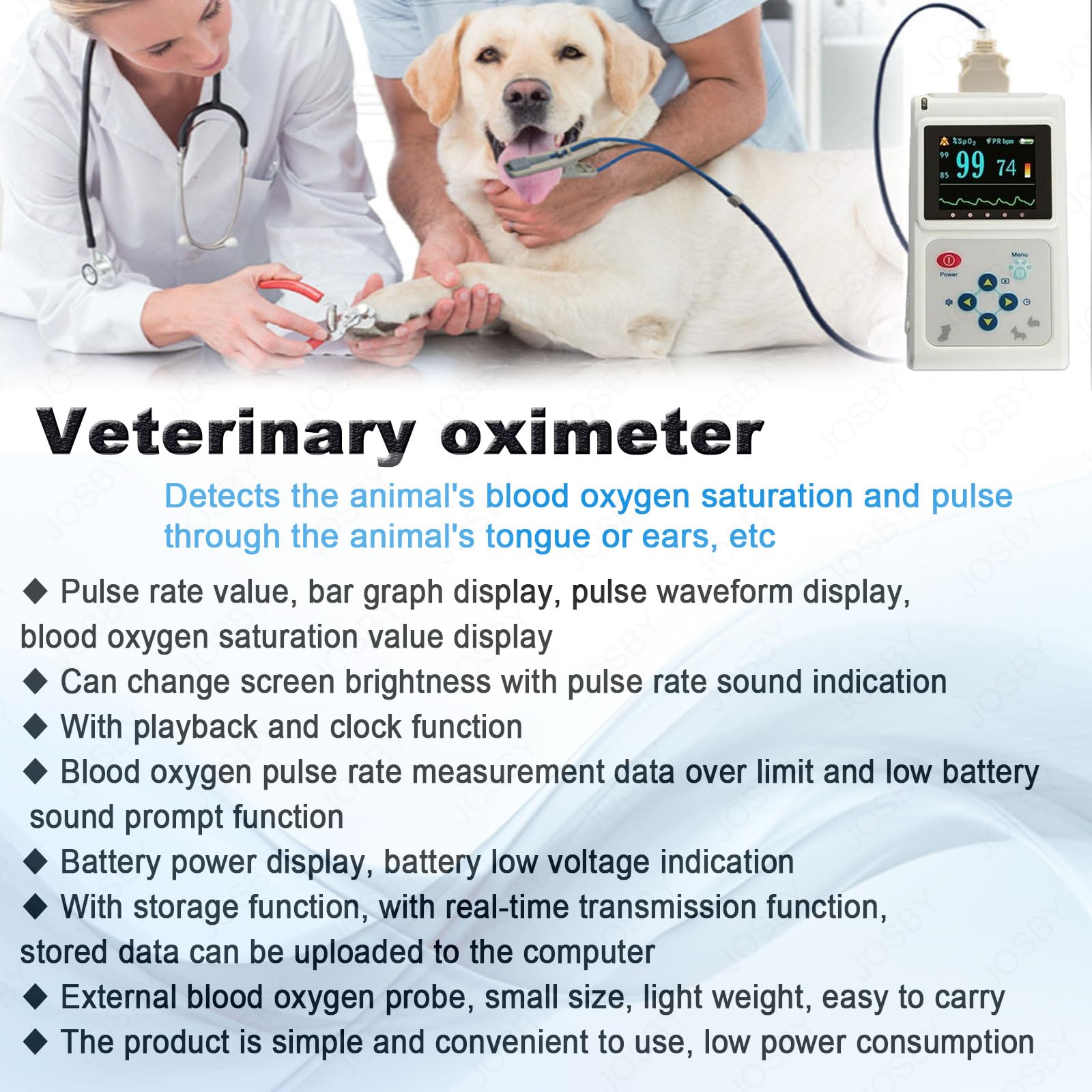 JOSBY Ossimetro Veterinario Portatile, 30 BPM~250 BPM Monitor della frequenza cardiaca degli Animali, con sonda e Cavo USB, sensore SPO2 Orecchio/Lingua, per Famiglia, Ospedale per Animali Domestici