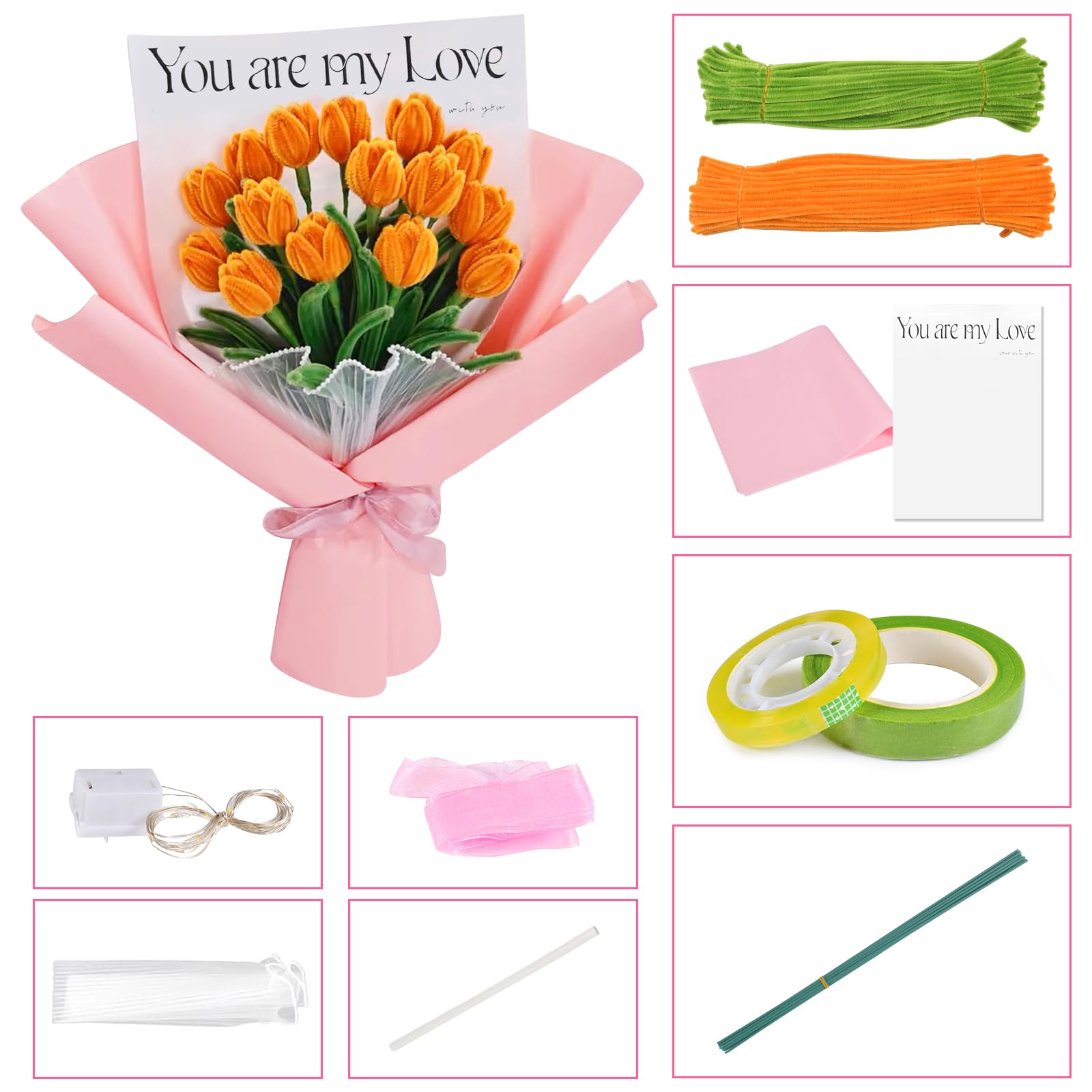 Kit DIY Fleurs En Cure-pipes - 400 Pièces, Avec Tiges, Colle, Ruban, Instructions, Pour Créer Tulipes, Roses, Décorations