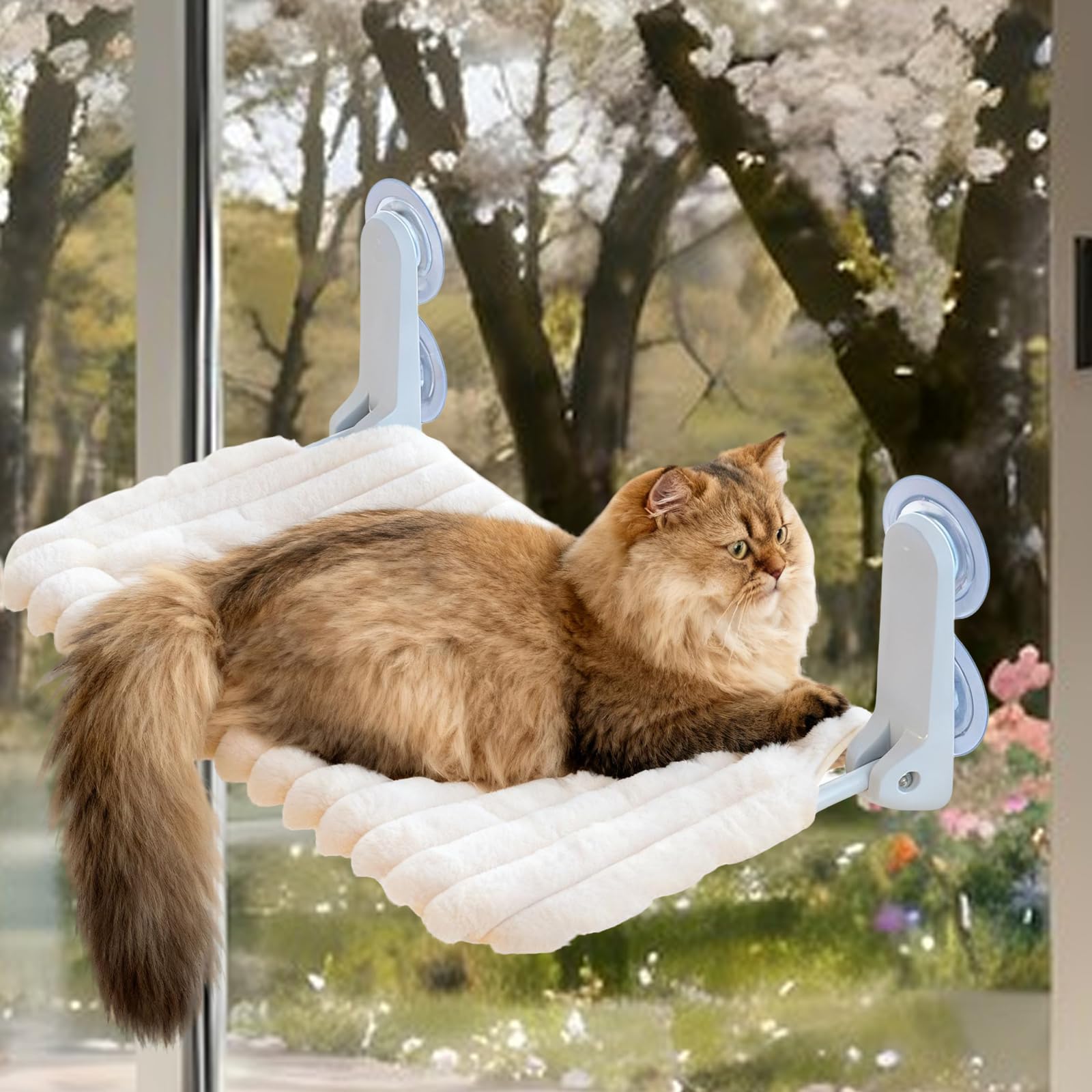 Katzen Fensterhängematte, 30×52cm Fensterliege für Katzen mit Starken Saugnapf, Große Plüsch Abnehmbarem Katzenfenster Sitzstange, Hängebett Fenste Heizungsliege, Stahlrahmen Stabil