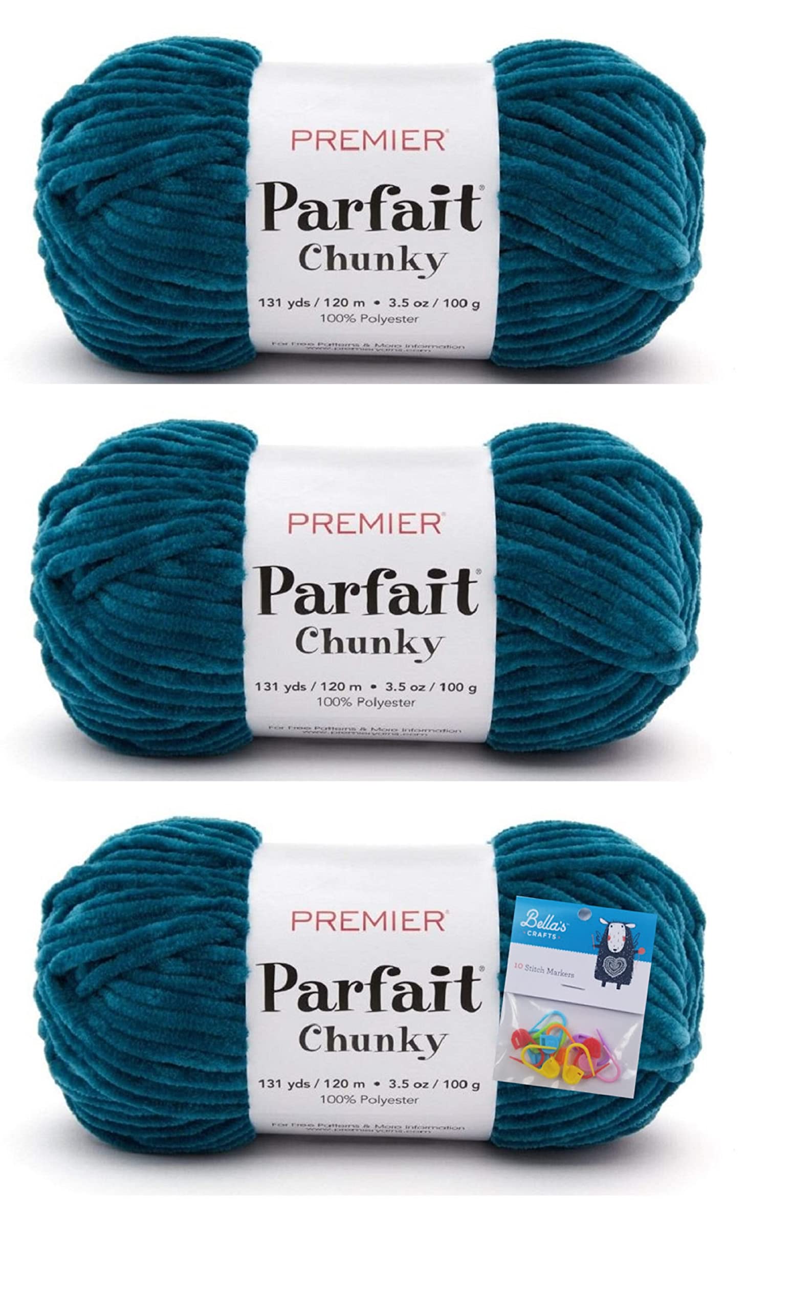 Premier Yarns Parfait Chunky Chenille Yarn 3.5 Oz 6 Super Bulky Weight 3 Pack Bundle with Bella's Stitch Place Holders (Peacock)