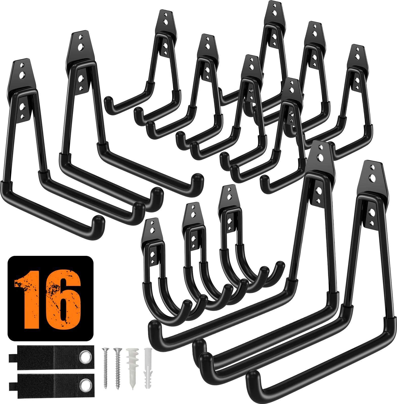 QcoQce16 Pack Garage Hooks Heavy Duty with 2 Extension Cord Straps,Garage Storage Hooks, Wall Mount Hooks, Garage Organization and Tool Hangers for Bike, Ladder, Ropes and Garden Tools