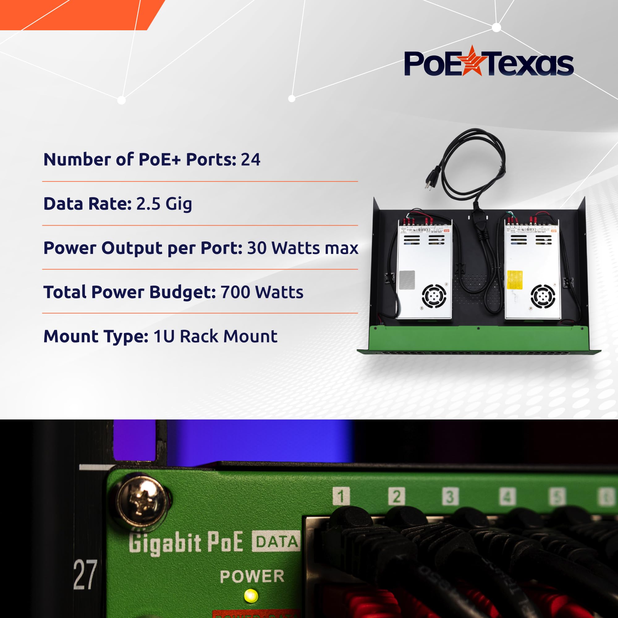 PoE Texas Injecteur PoE+ IEEE 802.3at à 24 ports - Obtenez un PoE+ complet sur chaque port - Puissance totale de 700 W - Taux de données 10/100/1000 Gigabit - Injecteur PoE+ actif pour points d'accès