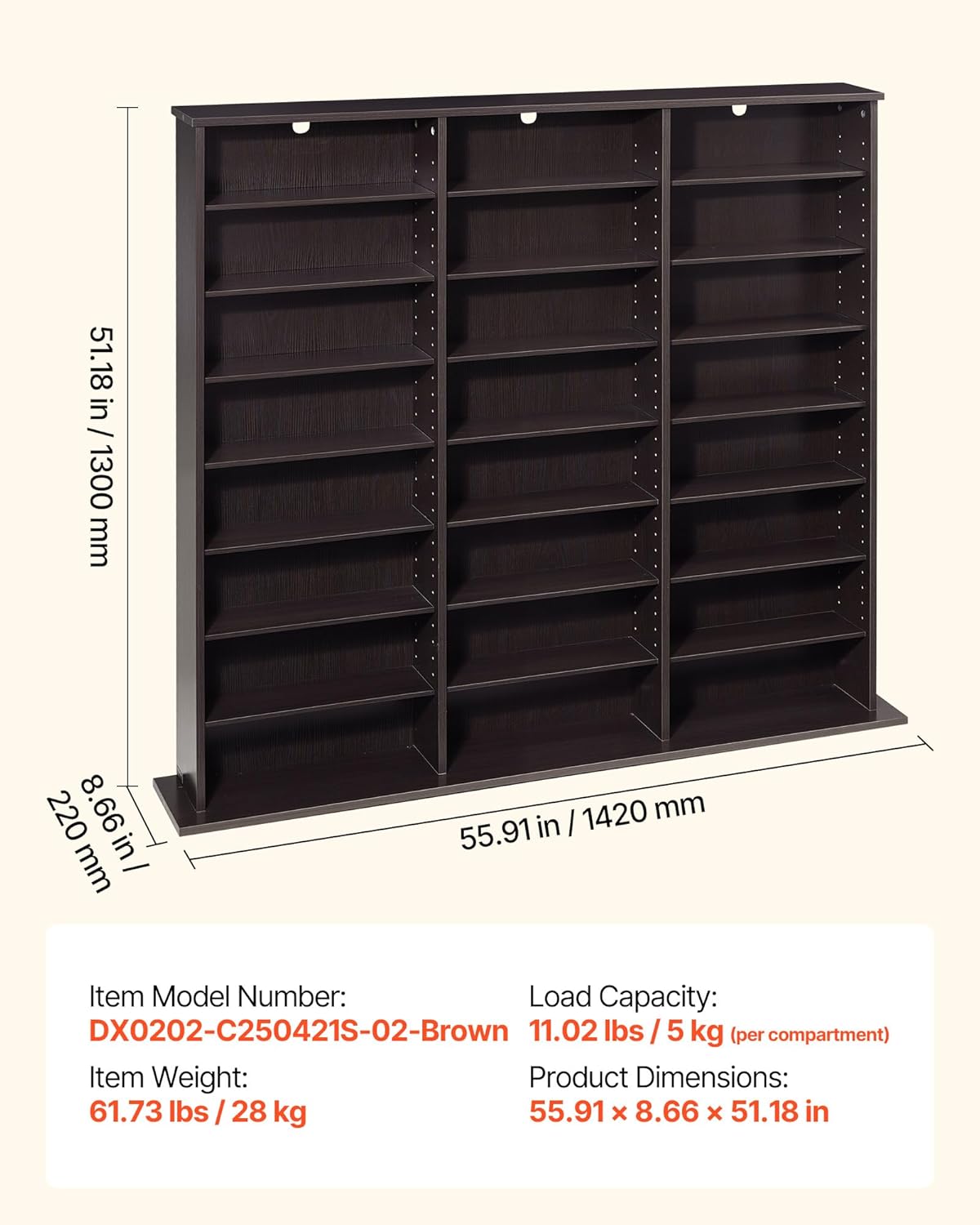 VEVOR Media Storage Cabinet, 8-Tier DVD Shelf Organizer, 55.91 x 8.66 x 51.18 in Multimedia Storage Organizer for CDs, DVDs, Books & Games, CD Shelf for Living Room, Home Office, Recording Room, Brown