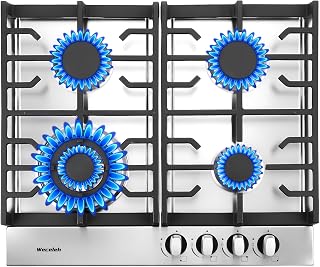 23 inch Gas Cooktop, 4 Burners Bulit-in Gas Stove 27400BTU with Thermocouple Protection,Easy Knob Control,NG/LPG Convertible Stainless Steel Easy Clean for Kitchen