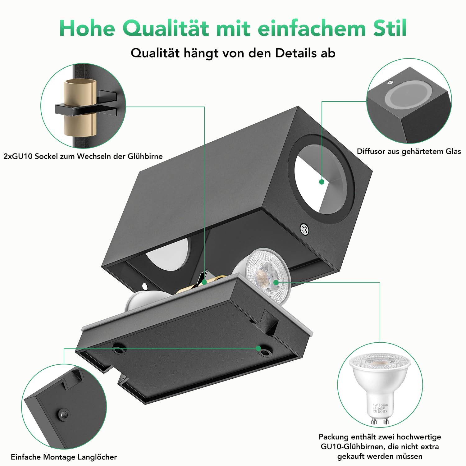 Wandleuchte Aussen Innen 2 Stück, IP65 Wasserdichte 10W Warmweiß 3000K Aluminium Eckig Außen Wandlampe Außenlampe mit GU10 Glühbirnen Außenleuchte für Garten Front Badezimmer Veranda Garage Anthrazit