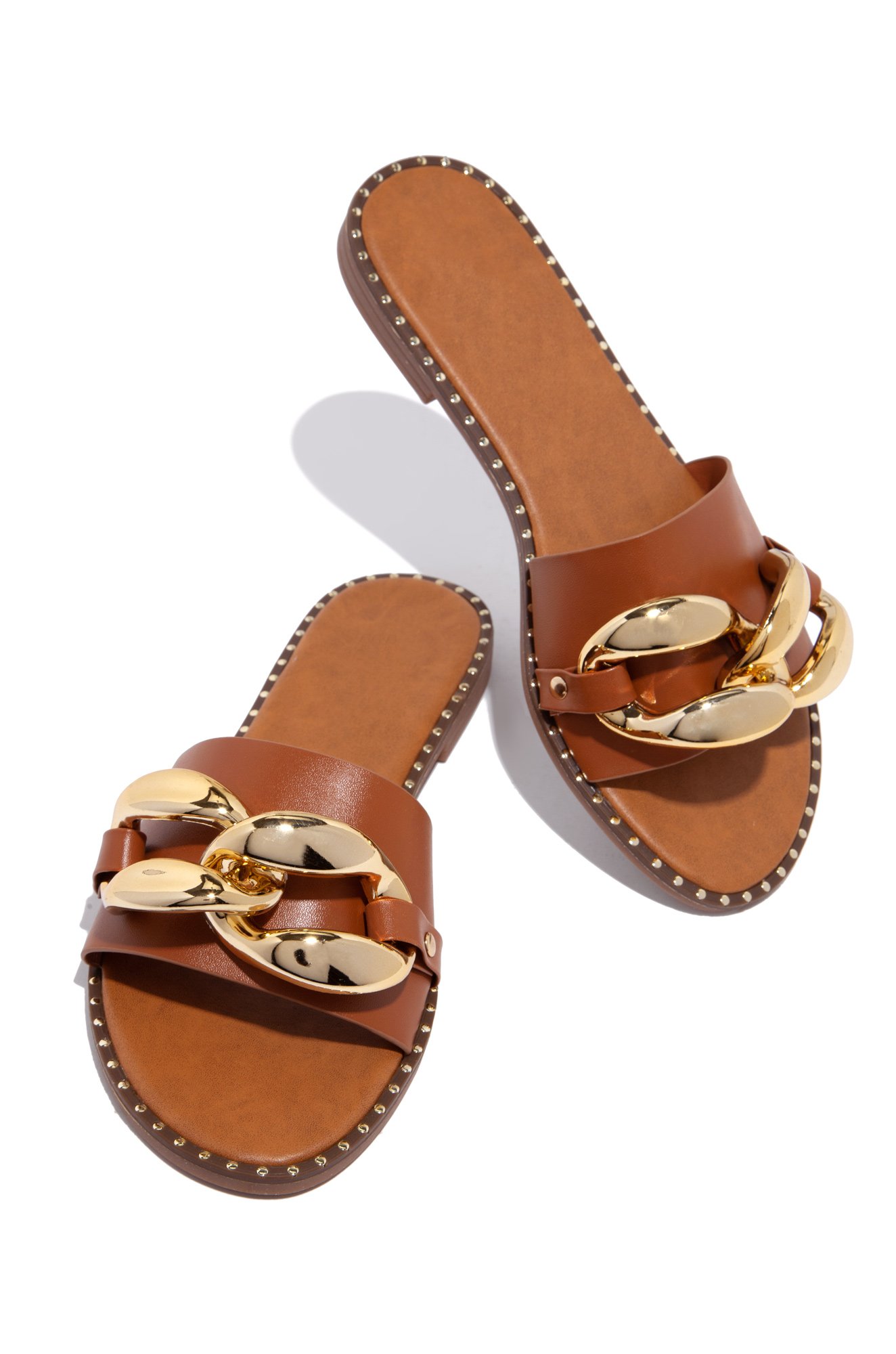 Women's Leather Flat Slippers Metallic Link Chains Slip On Summer Indoor and Outdoor Slide Sandals