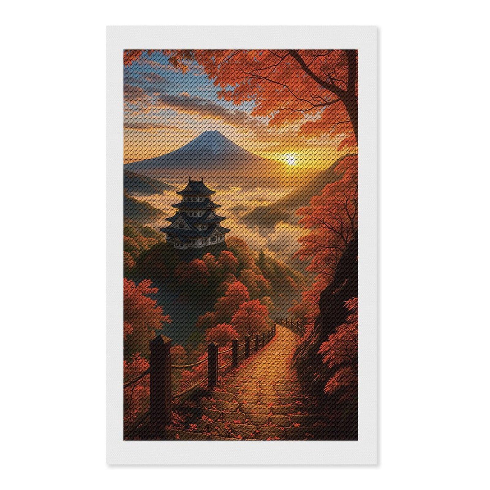Junmoney Mount Fuji and Japanese Castle at Sunset DIY Diamond Art Canvas Kit 12"x20", Relaxing DIY, Sparkling Crystal Beads, Vintage Style Decor, Holiday Gift Idea