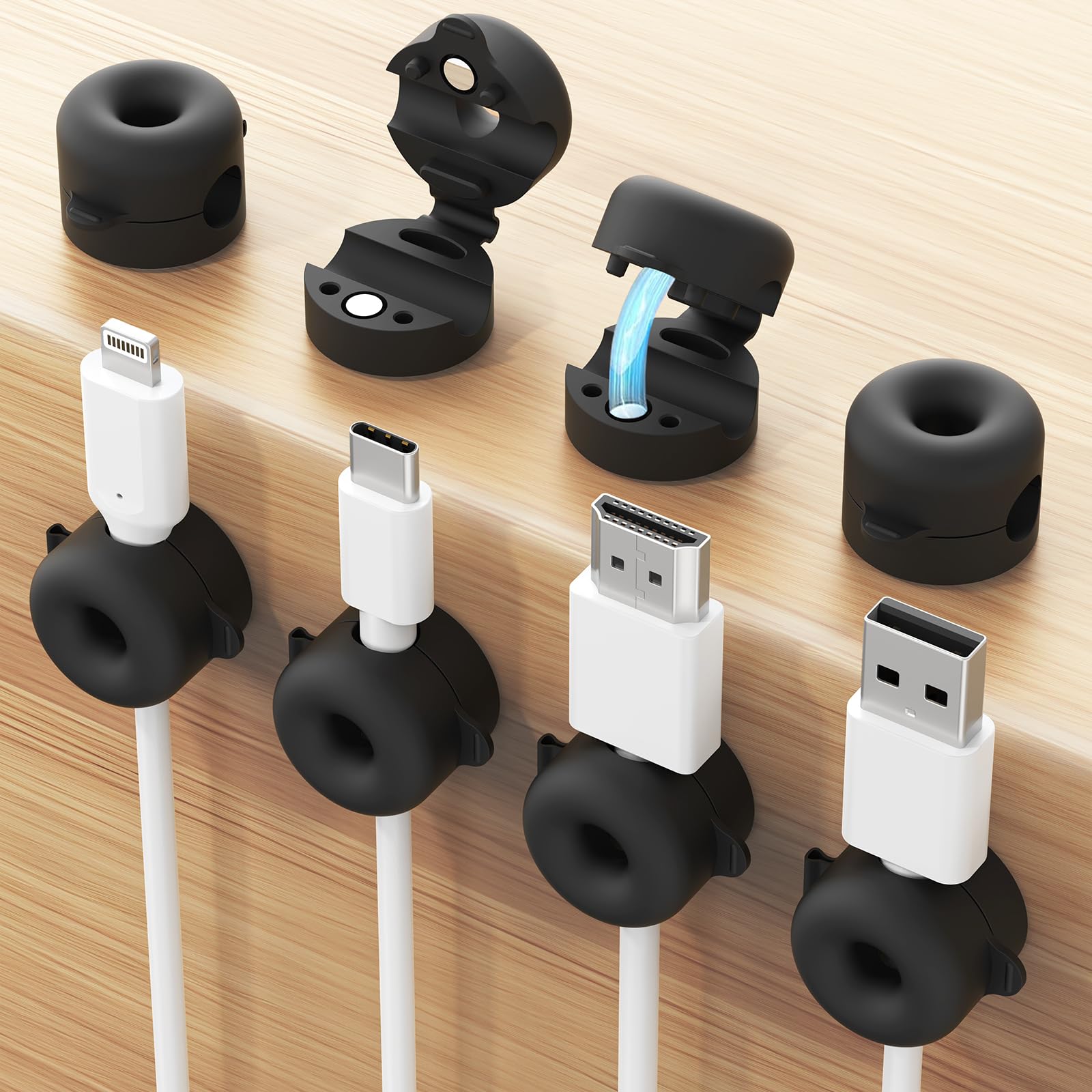 Cable Clips, Cord Organizer [Soft Silicone], Magnetic Cable Management & Cord Holder for Charger Wires, Office Desk Accessories & Workspace Organizer 8 Pcs（Black）