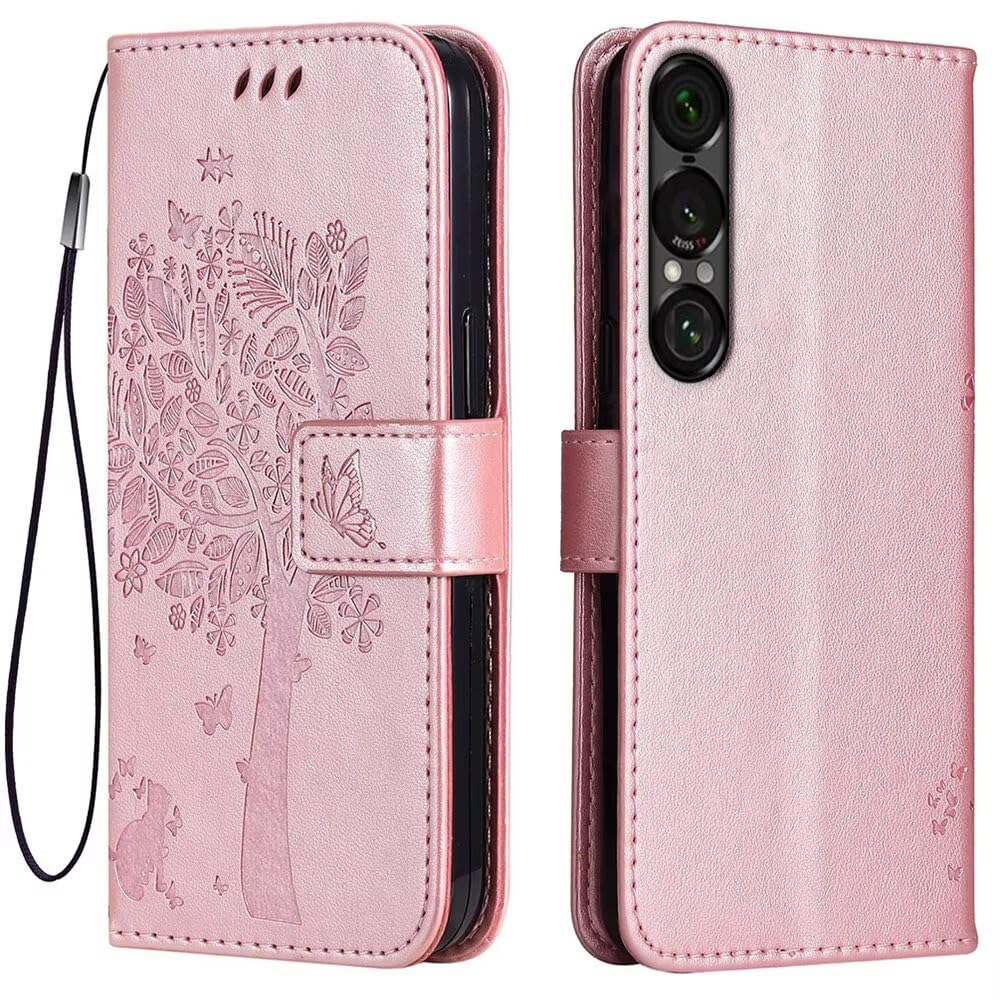 Topme Leather Case for Smartphone, Compatible with Sony Xperia 1 VII (Seventh Generation) (6.5" Inches), [cat and Tree Pattern Style Phone Case] - Rose Gold