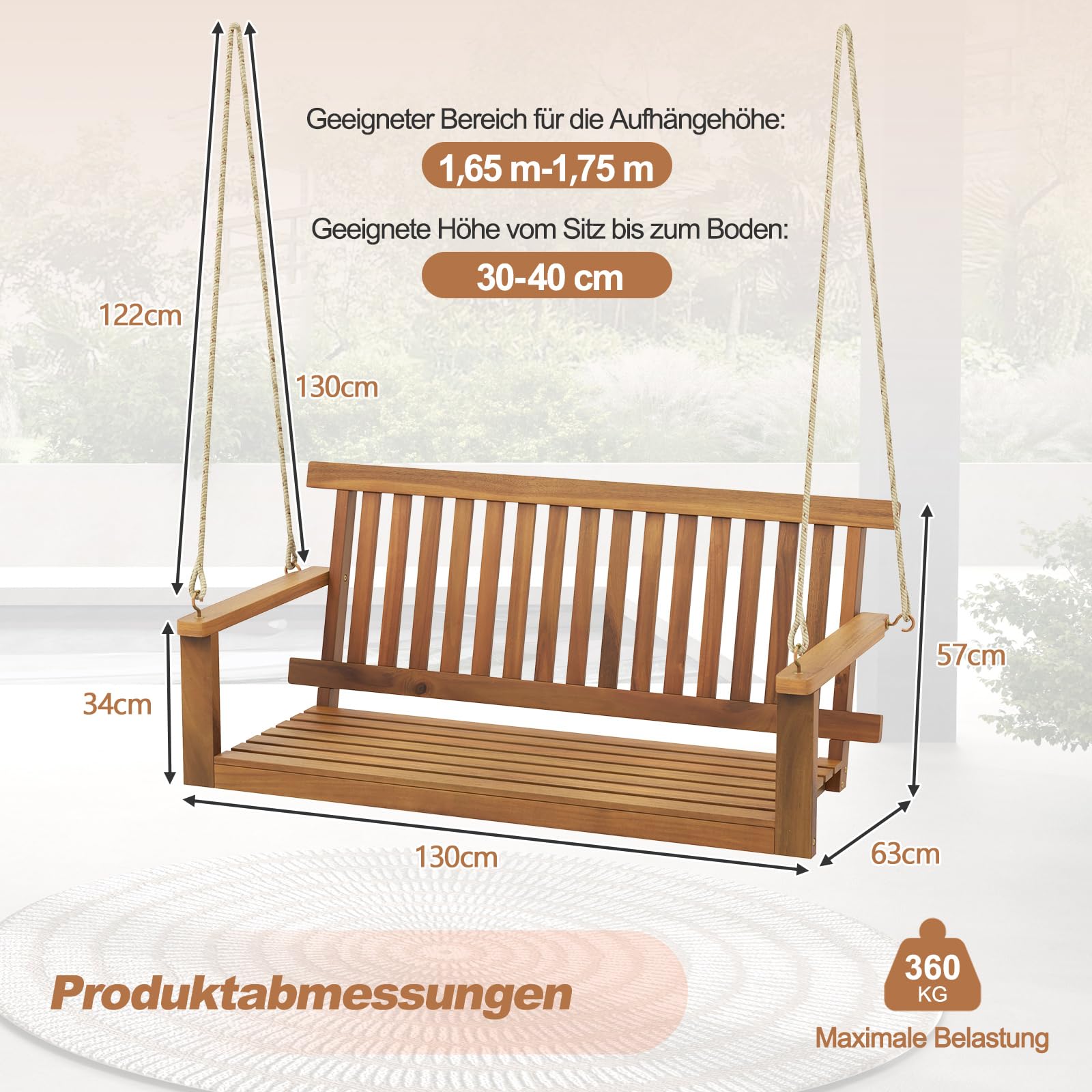COSTWAY Hängebank Outdoor, 2-Sitzer Schaukelbank Holz