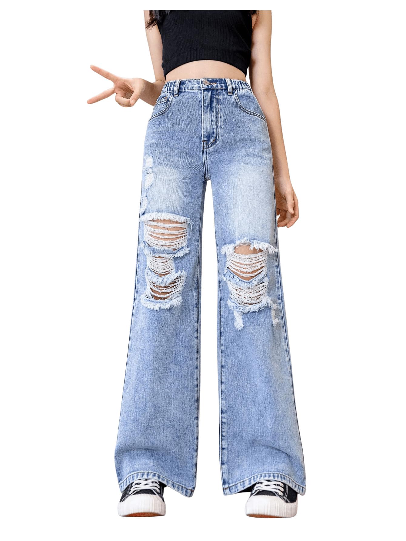 Floerns Pantalones de mezclilla elásticos de cintura alta para niña, rasgados, holgados, pierna ancha, desgastados